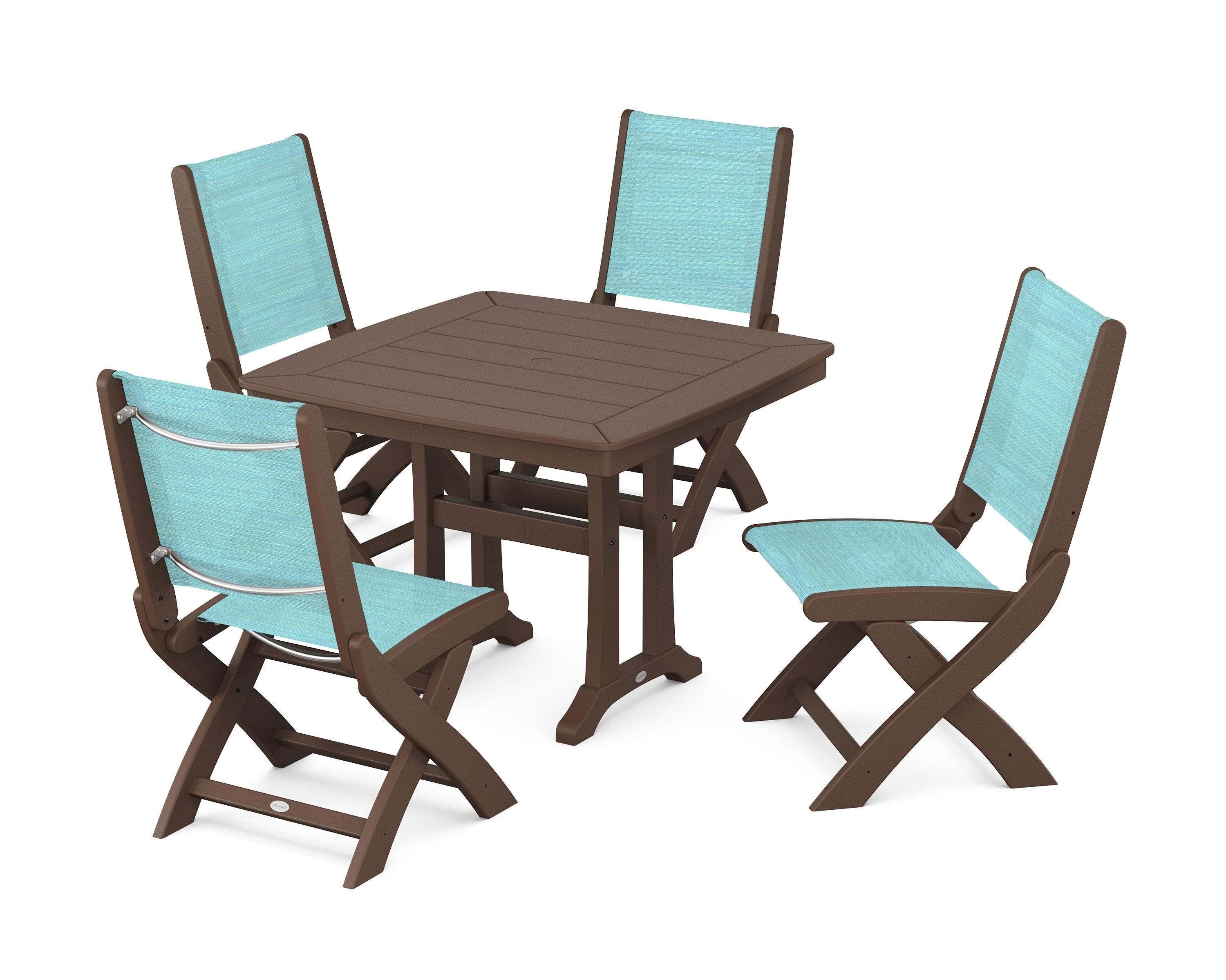 POLYWOOD Coastal Folding Side Chair 5-Piece Dining Set with Trestle Legs in Mahogany / Dupioni Aquamarine Sling