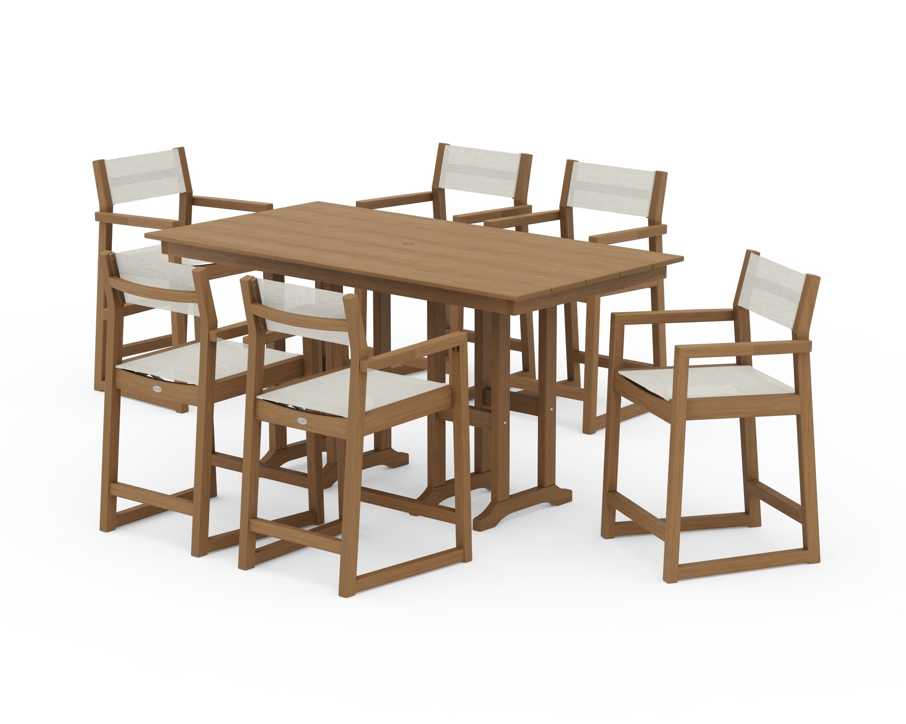 POLYWOOD EDGE Sling Arm Chair 7-Piece Farmhouse Counter Set in Natural / Parchment Sling