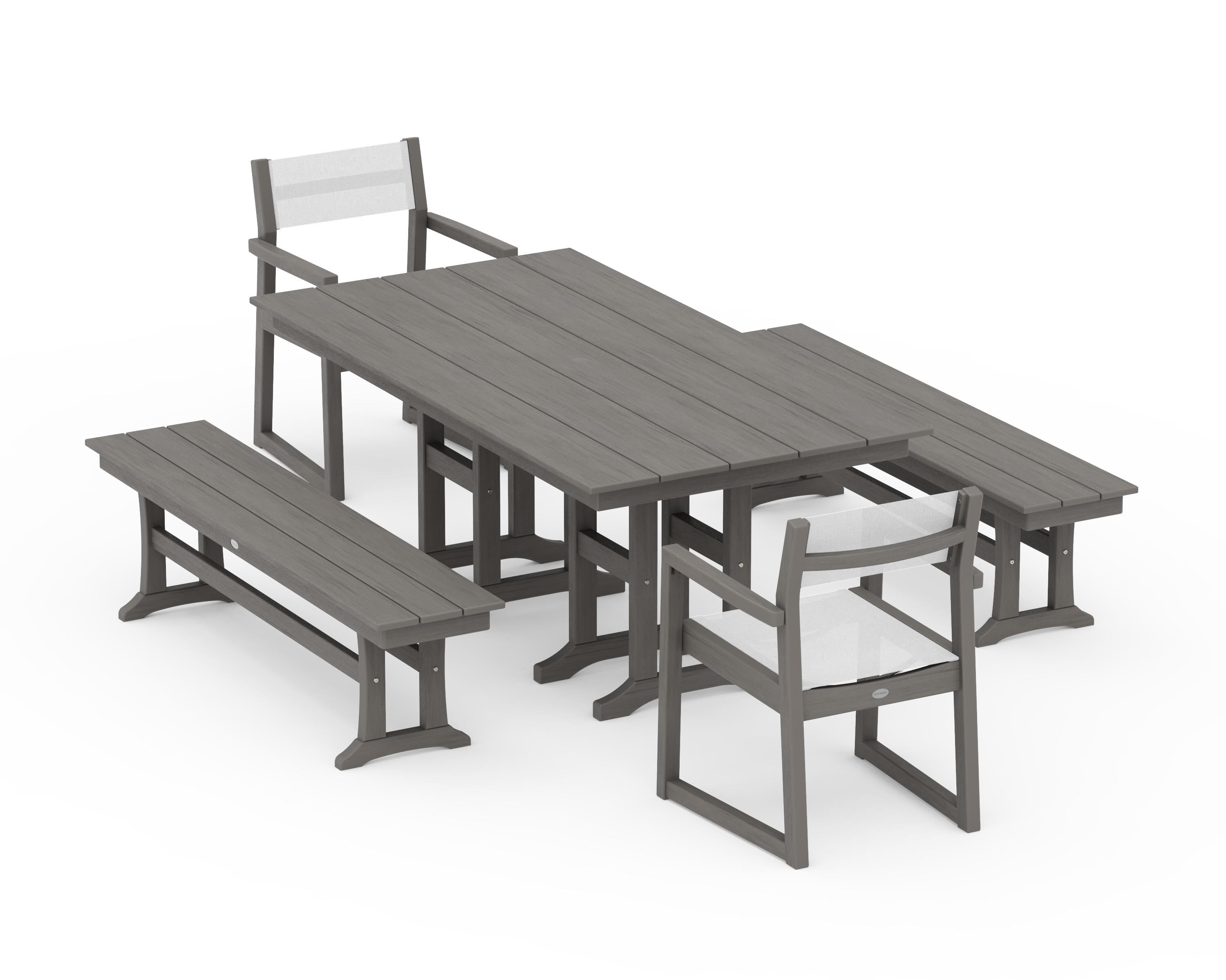 POLYWOOD EDGE Sling Arm Chair 5-Piece Farmhouse Dining Set with Benches in Driftwood / White Sling
