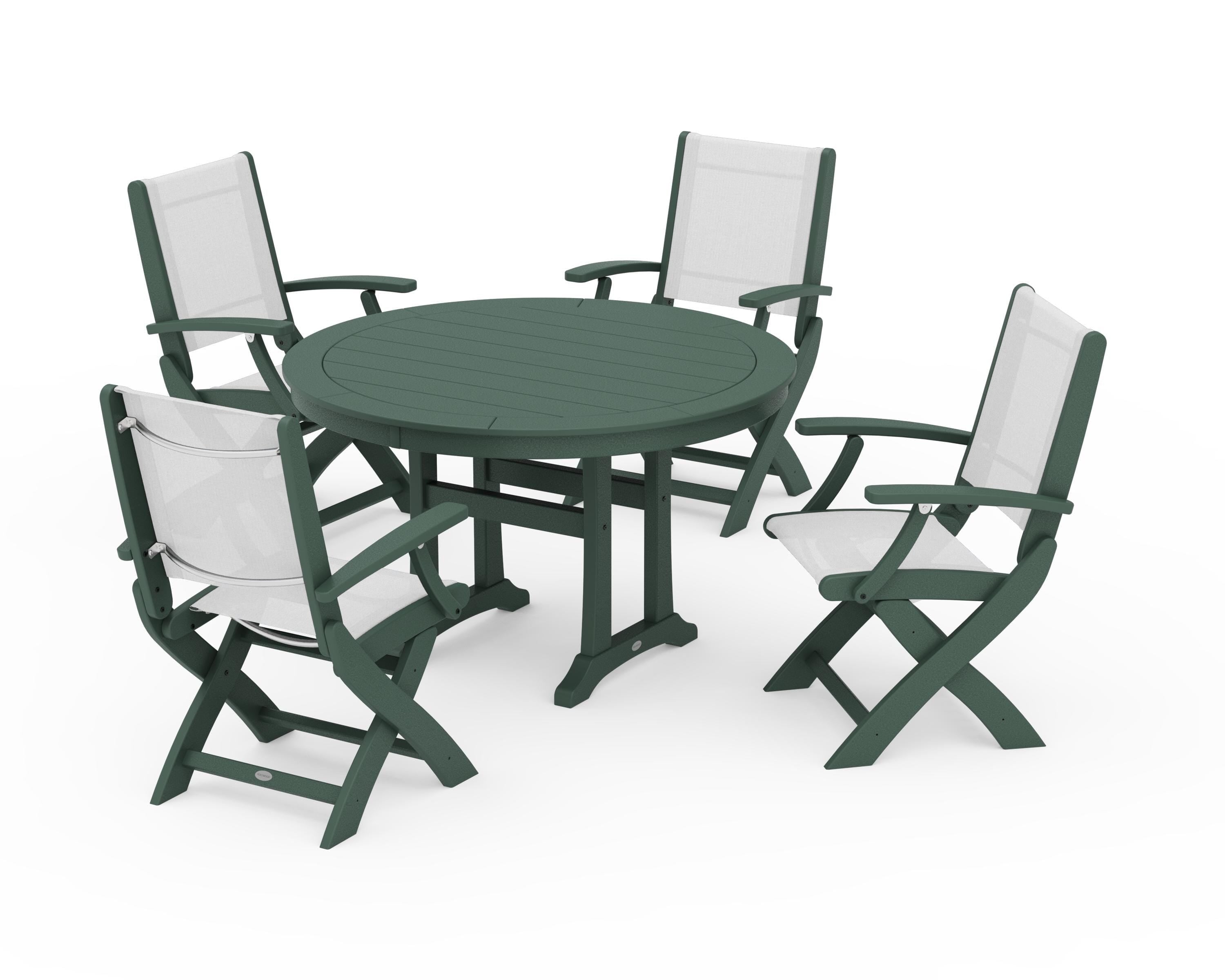 POLYWOOD Coastal Folding Chair 5-Piece Round Dining Set with Trestle Legs in Green / White Sling