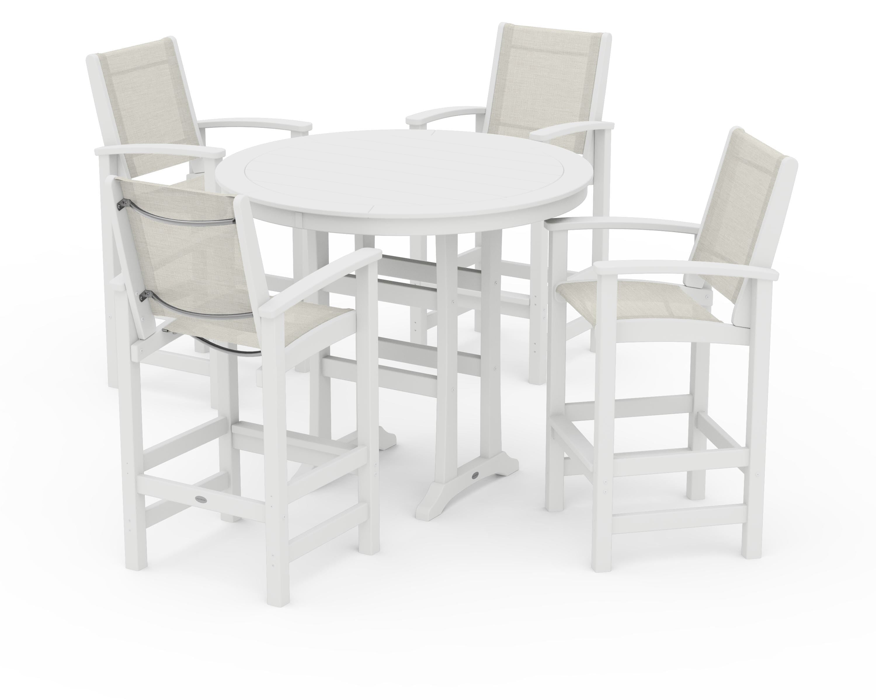 POLYWOOD Coastal 5-Piece Nautical Trestle Bar Set in White / Parchment Sling