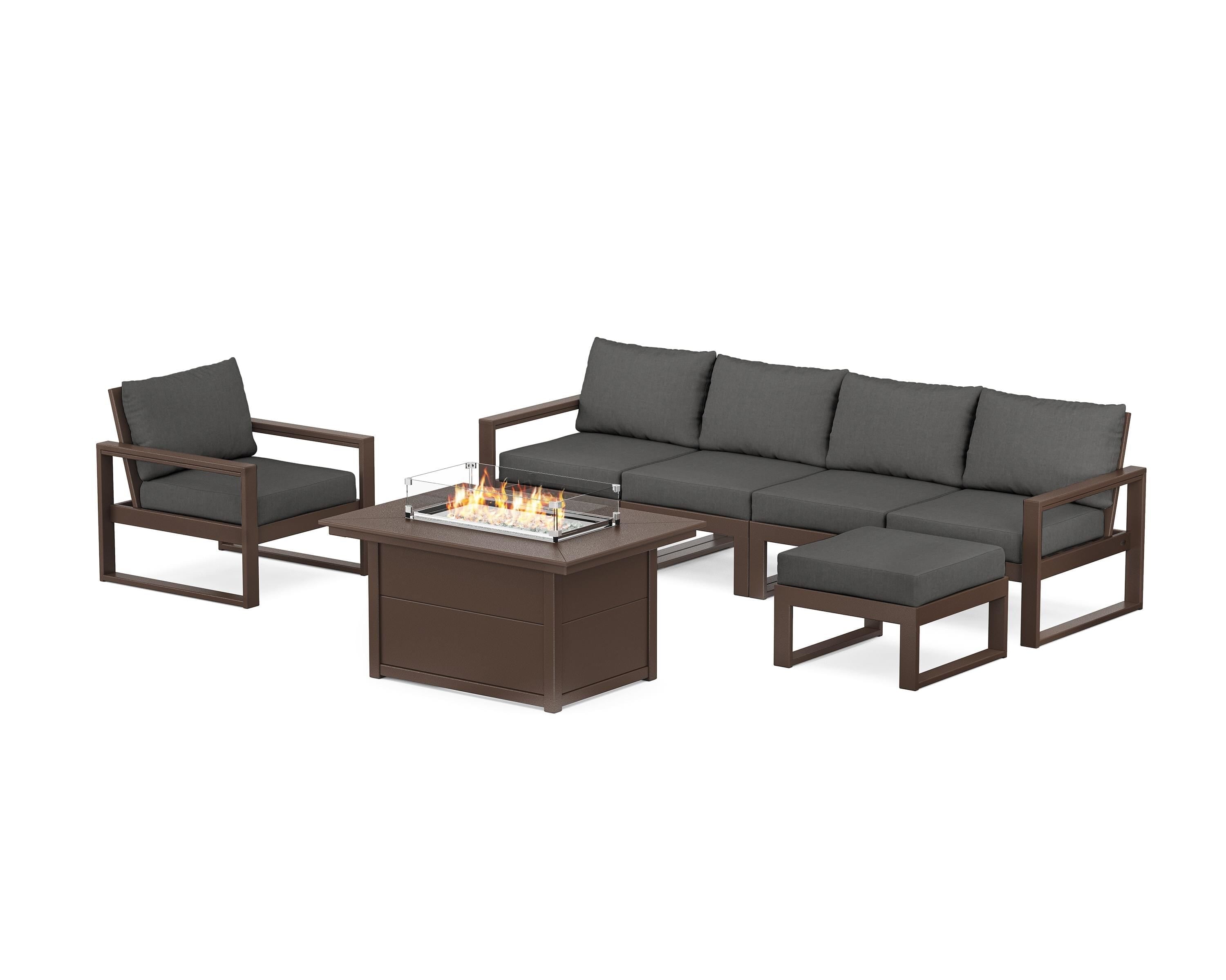 POLYWOOD EDGE Sectional Lounge and Fire Pit Set in Mahogany / Spectrum Carbon