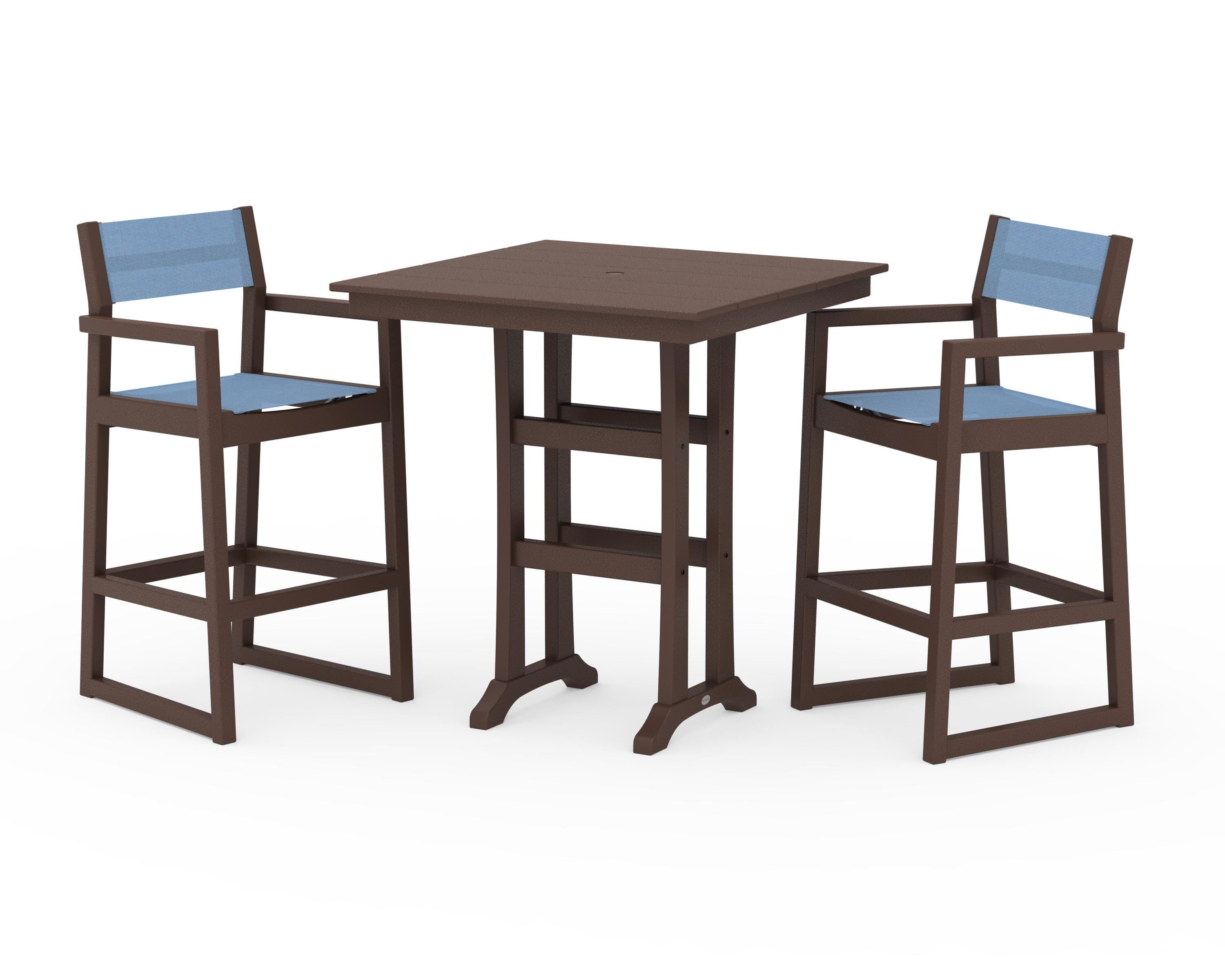 POLYWOOD EDGE Sling Arm Chair 3-Piece Farmhouse Bar Set with Trestle Legs in Mahogany / Poolside Sling