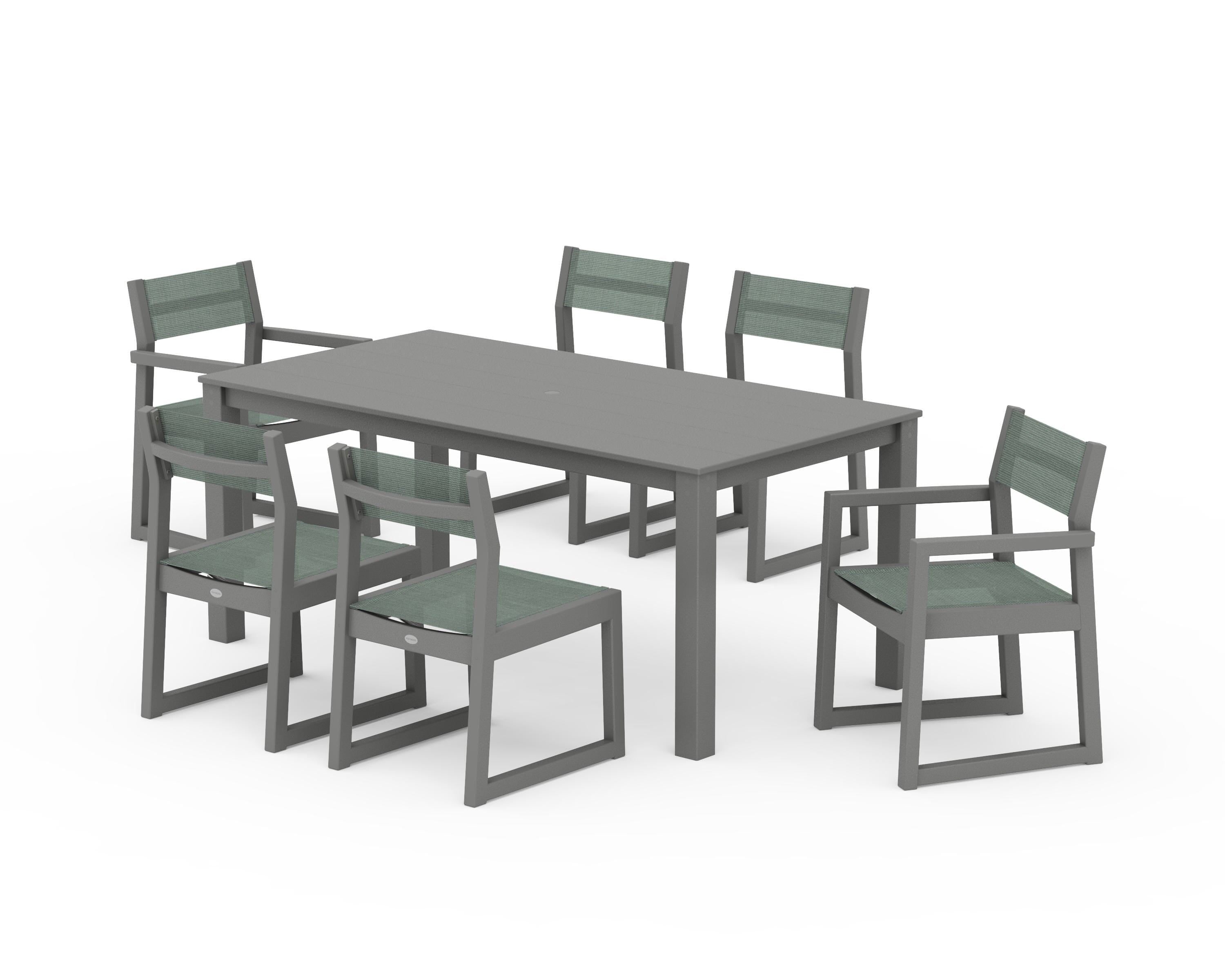 POLYWOOD EDGE Sling 7-Piece Parsons Dining Set in Slate Grey / Dupioni Sea Mist Sling