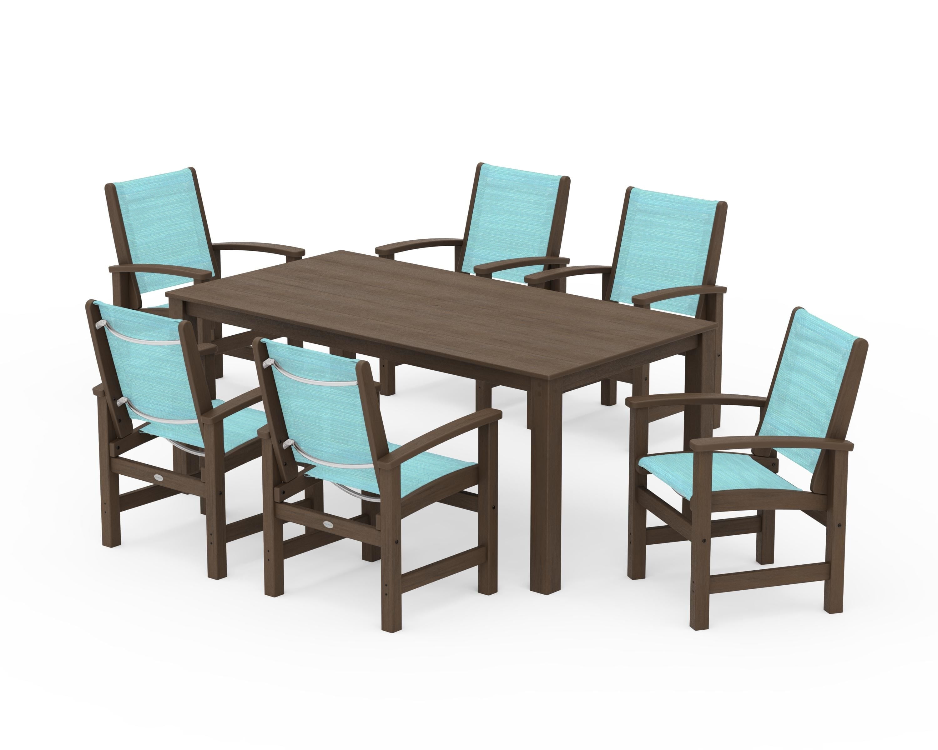 POLYWOOD Coastal 7-Piece Parsons Dining Set in Kona / Dupioni Aquamarine Sling