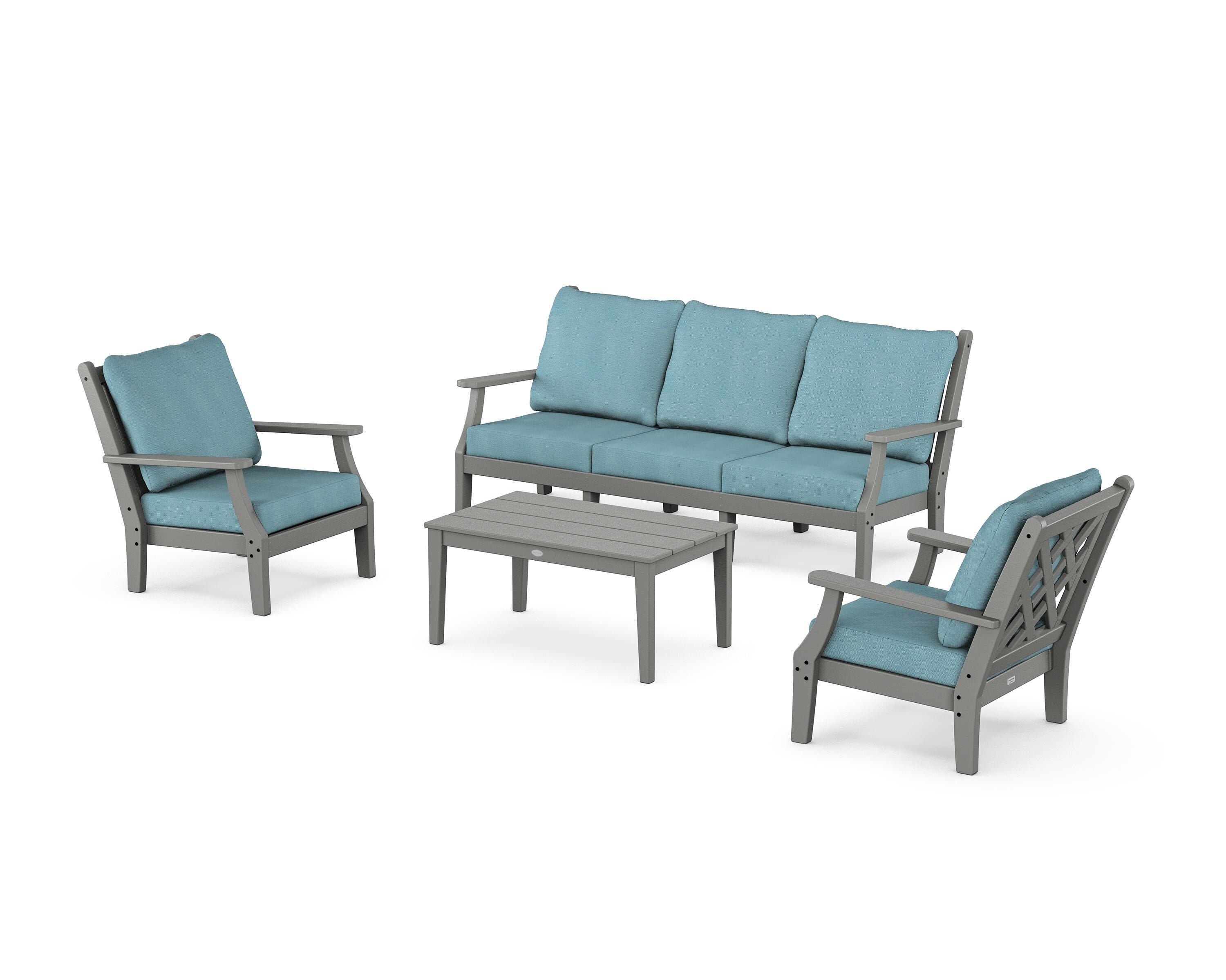 Country Living Wovendale 4-Piece Deep Seating Set with Sofa in Slate Grey / Lattice Sky Blue