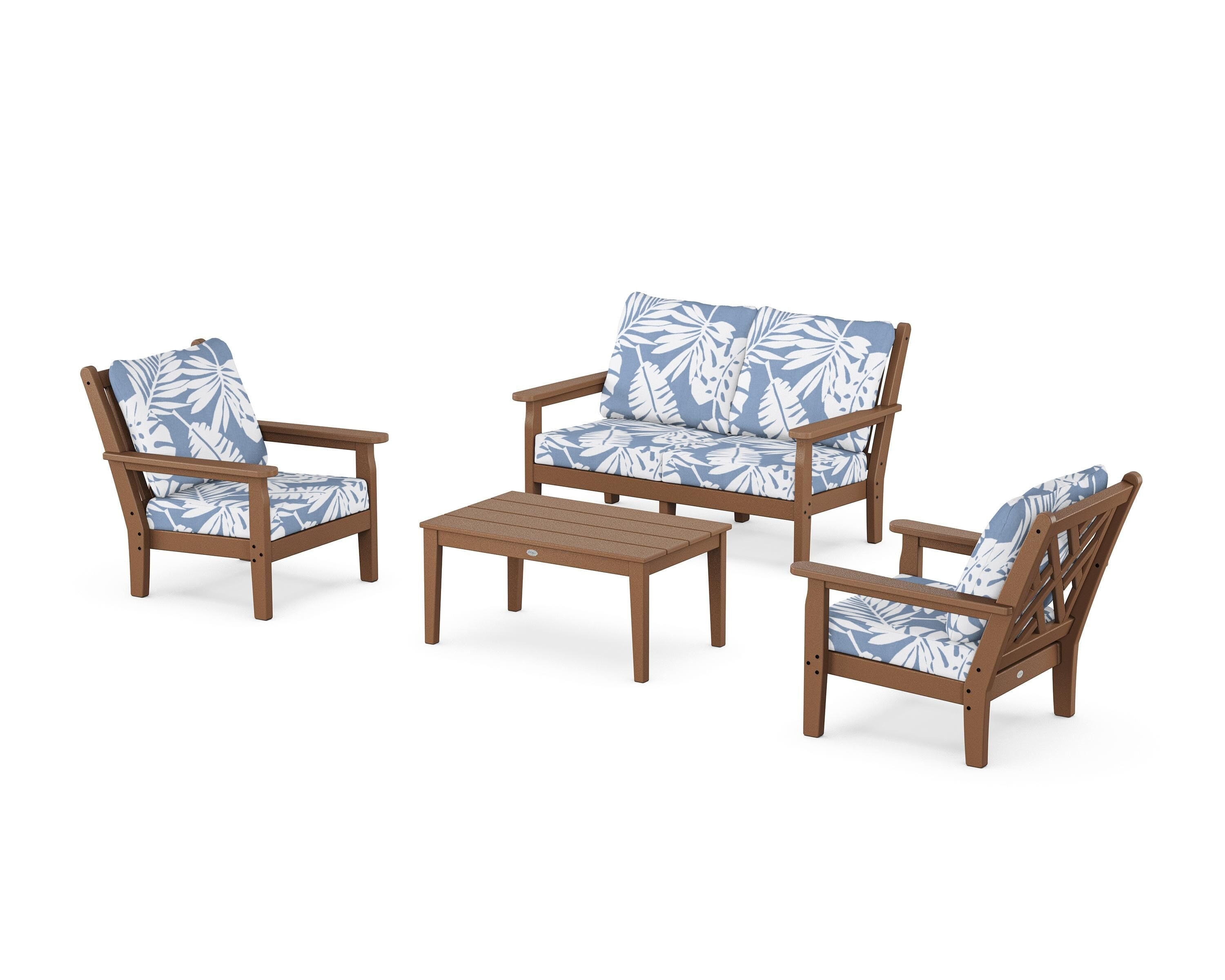 POLYWOOD Chippendale 4-Piece Deep Seating Set with Loveseat in Teak / Leaf Sky Blue
