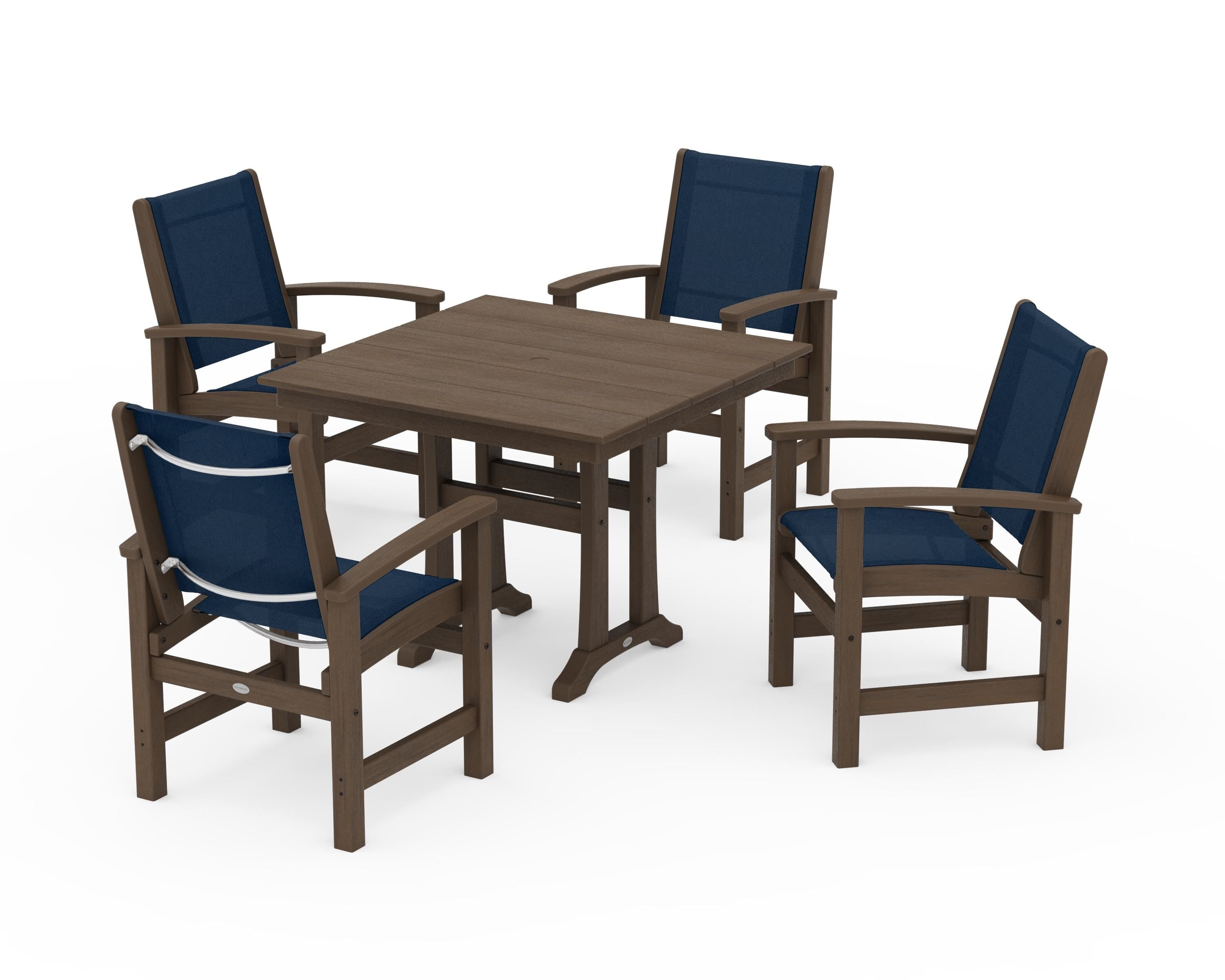 POLYWOOD Coastal 5-Piece Farmhouse Dining Set With Trestle Legs in Kona / Navy Blue Sling