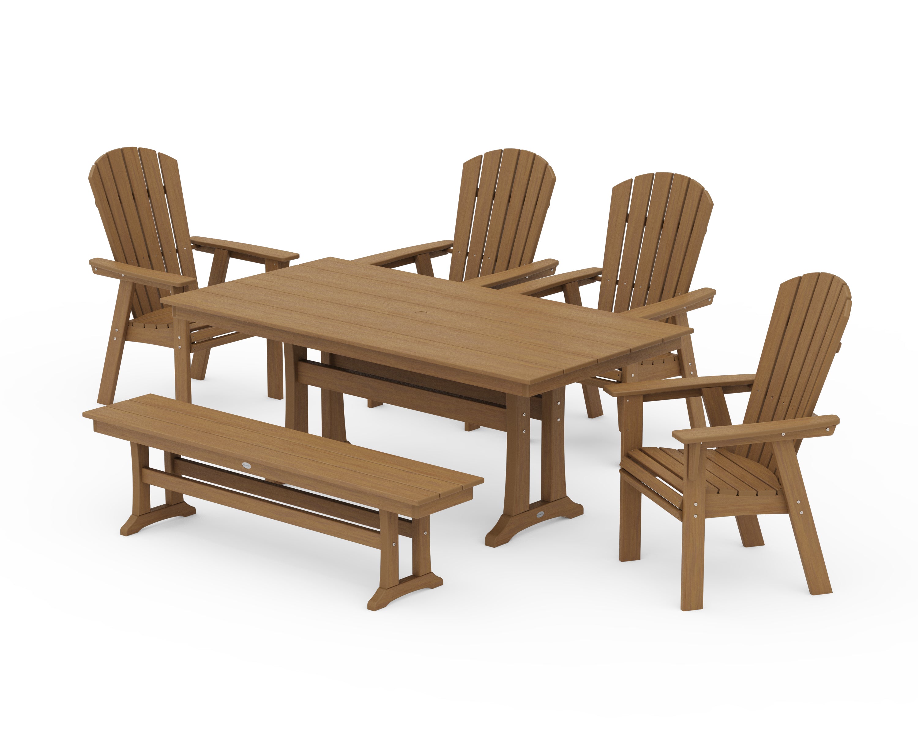 POLYWOOD Nautical Curveback Adirondack 6-Piece Farmhouse Dining Set with Trestle Legs and Bench in Natural