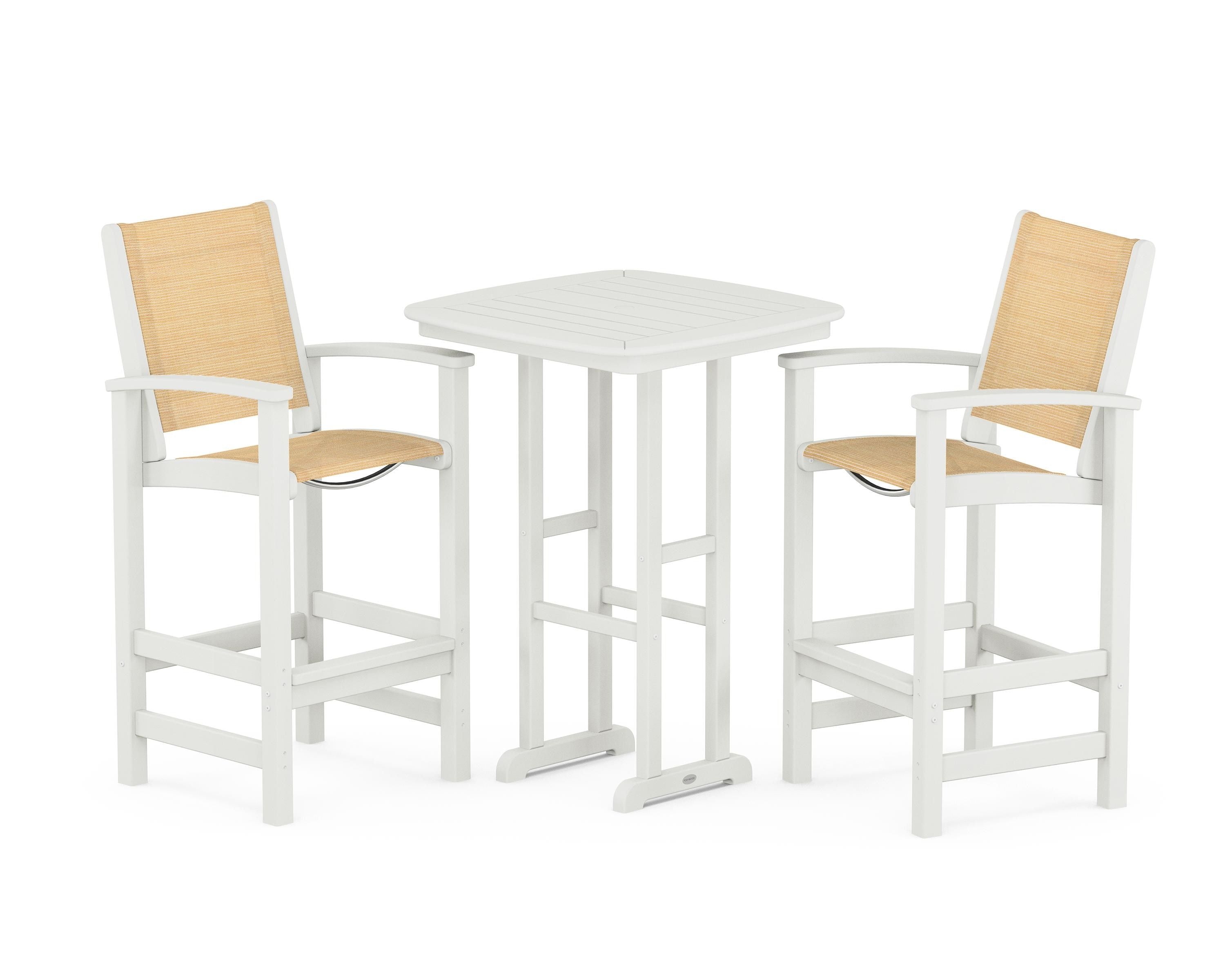 POLYWOOD Coastal 3-Piece Bar Set in Vintage White / Dupioni Apricot Sling