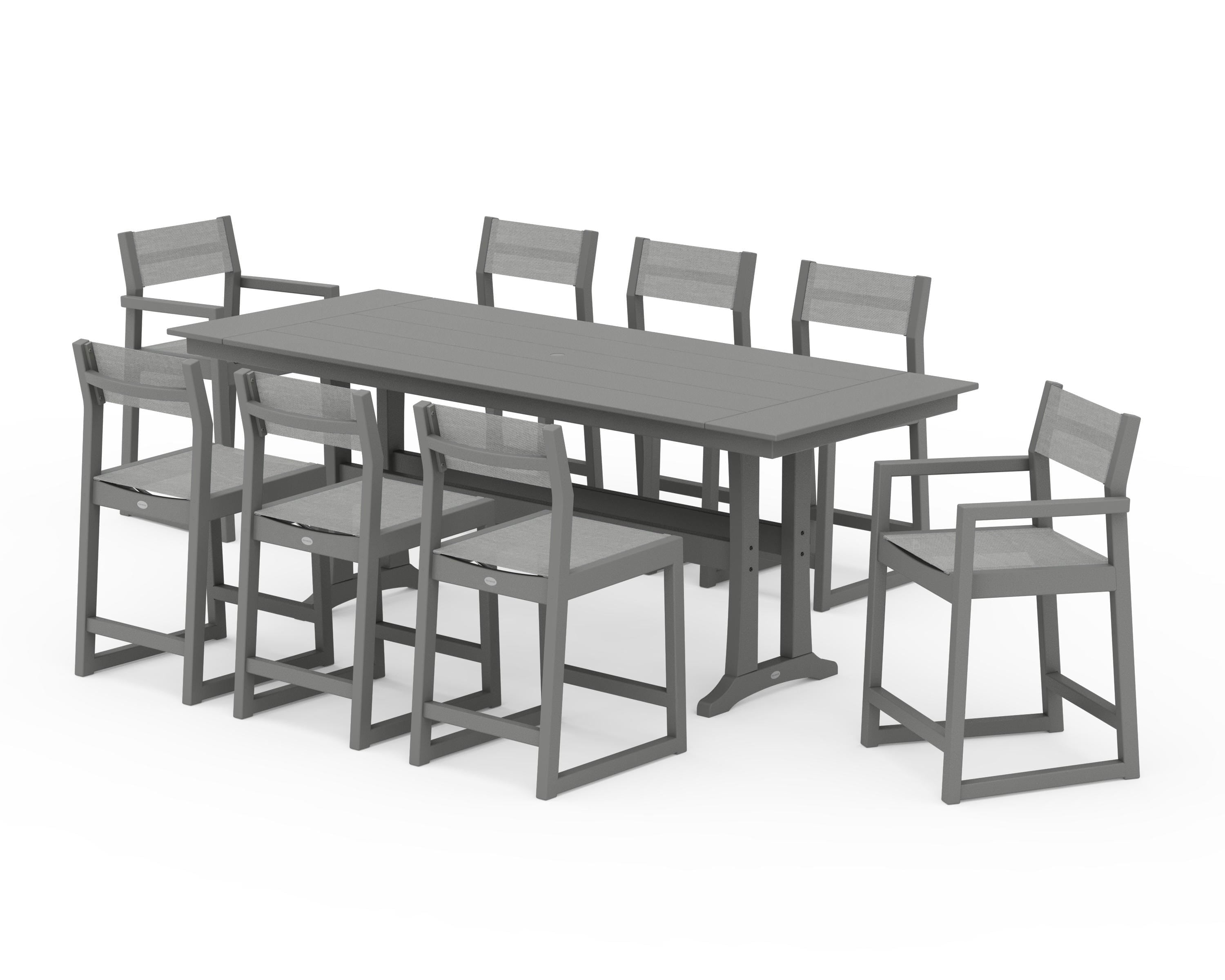 POLYWOOD EDGE Sling 9-Piece Farmhouse Counter Set with Trestle Legs in Slate Grey / Metallic Sling