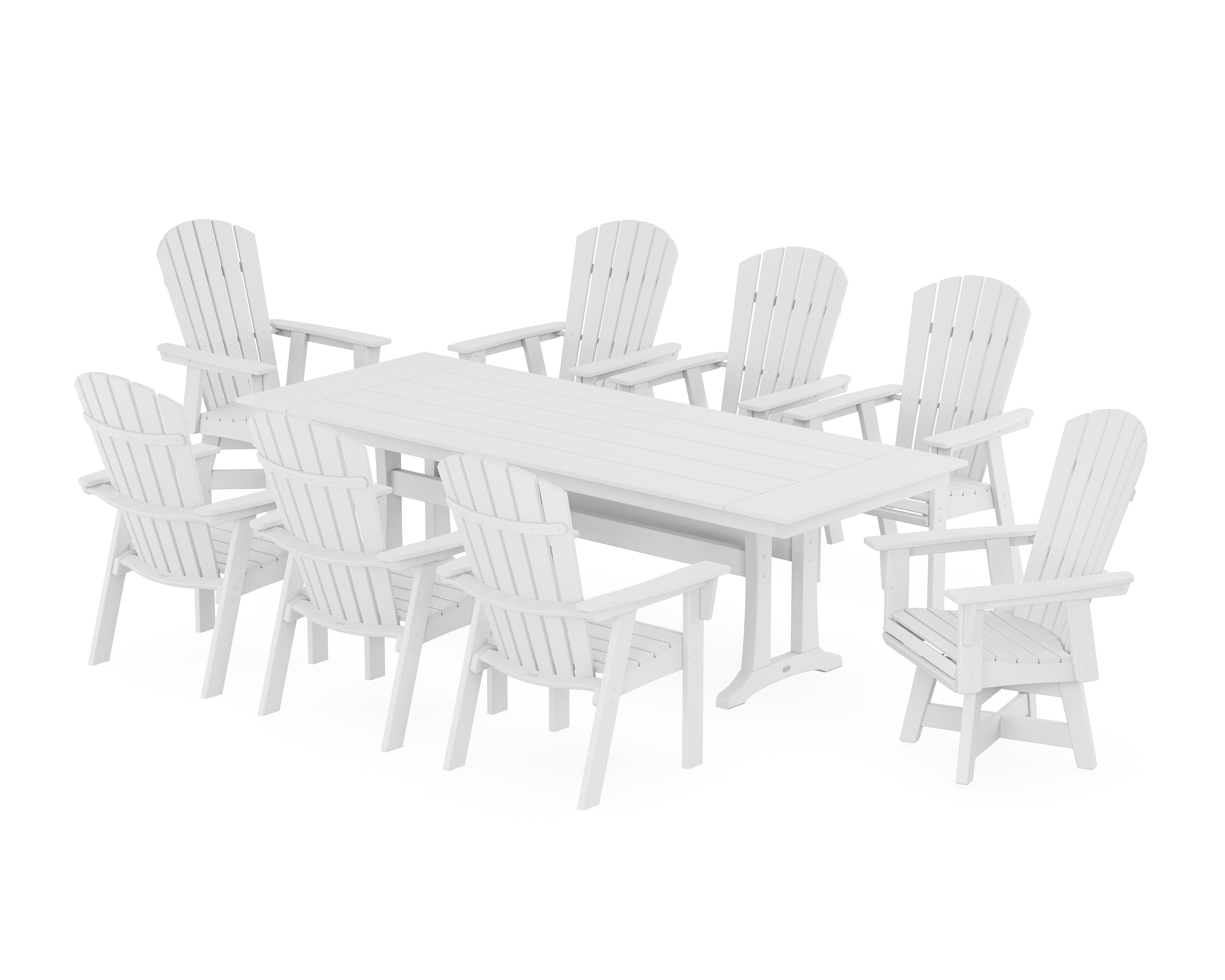 POLYWOOD® Nautical Curveback Adirondack Swivel 9-Piece Farmhouse Dining Set with Trestle Legs in White