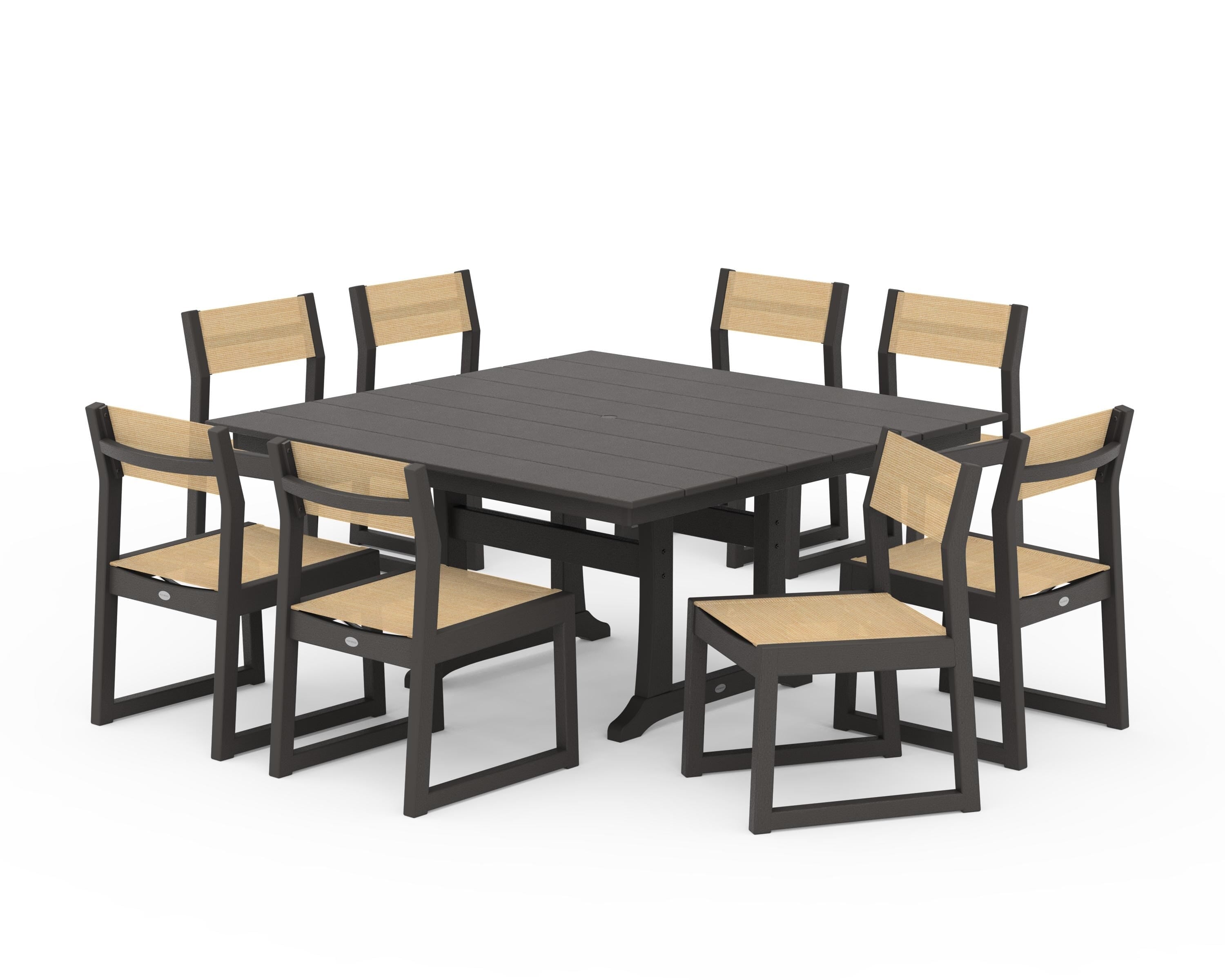 POLYWOOD EDGE Sling Side Chair 9-Piece Farmhouse Trestle Dining Set in Vintage Coffee / Dupioni Apricot Sling
