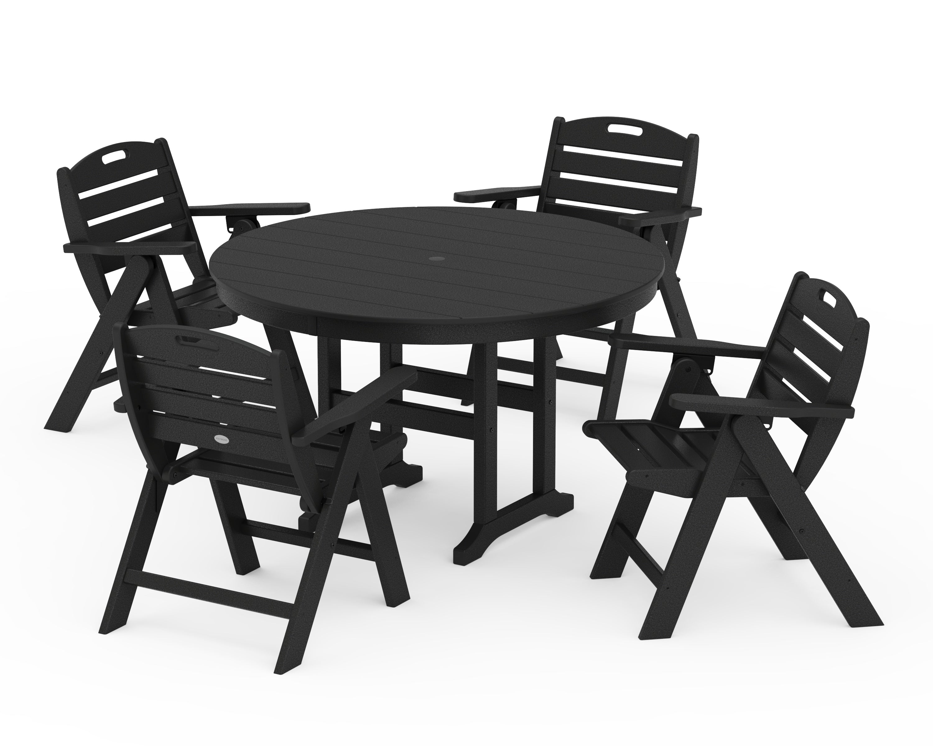 POLYWOOD Nautical Folding Lowback Chair 5-Piece Round Farmhouse Dining Set in Black