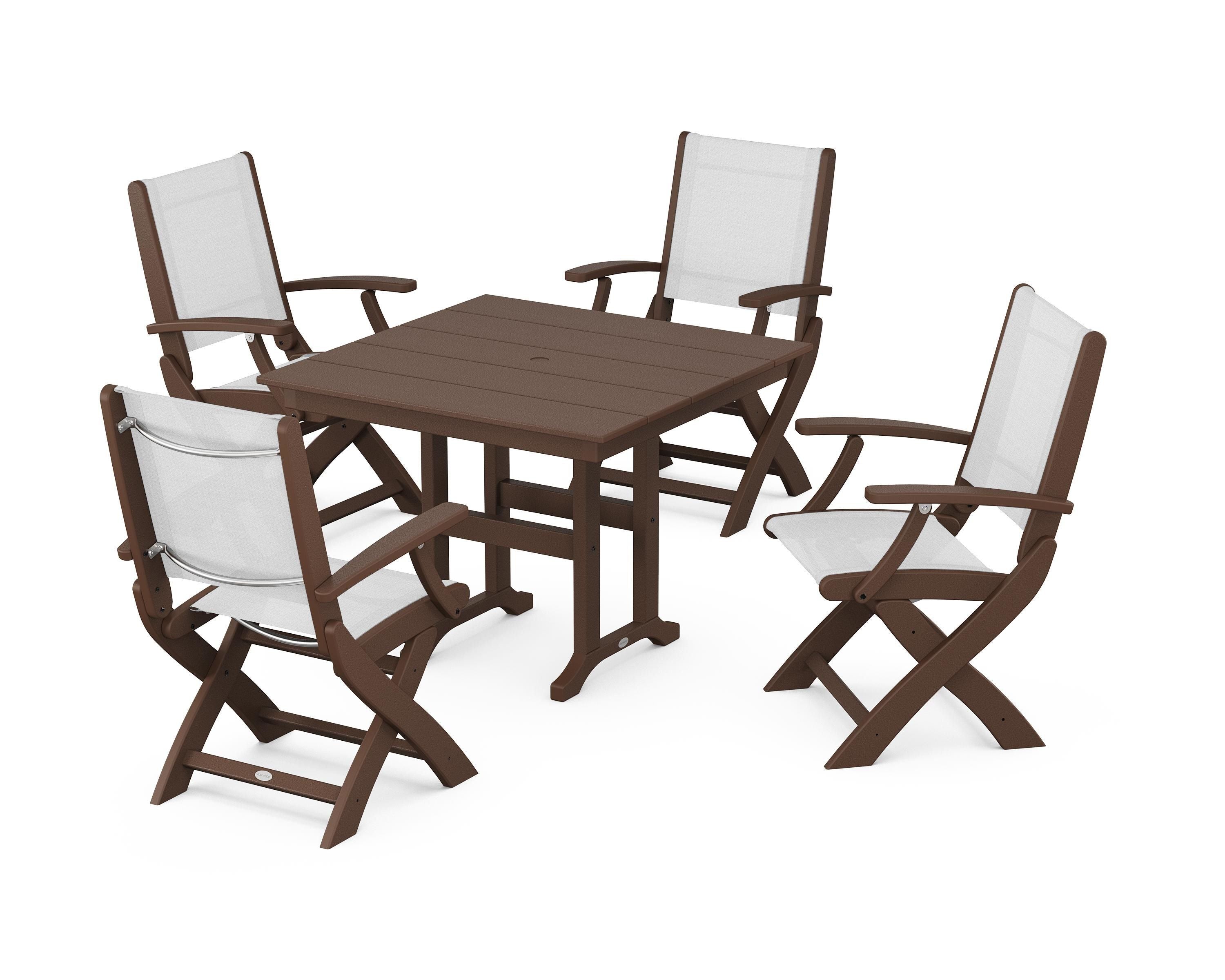 POLYWOOD Coastal Folding Chair 5-Piece Farmhouse Dining Set in Mahogany / White Sling