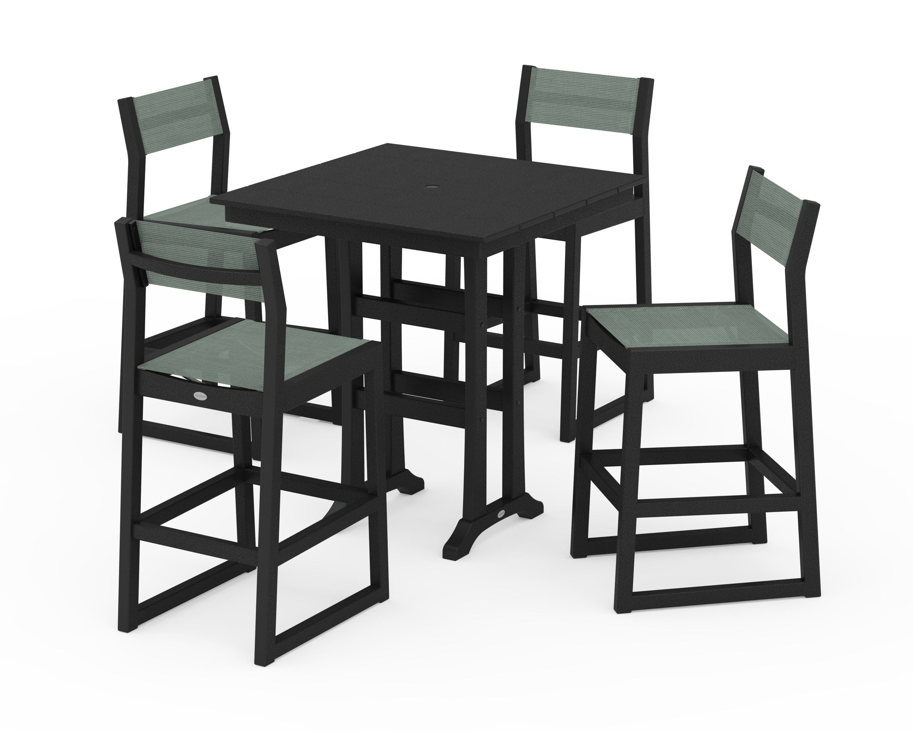 POLYWOOD EDGE Sling Arm Chair 5-Piece Farmhouse Bar Set with Trestle Legs in Black / Dupioni Sea Mist Sling