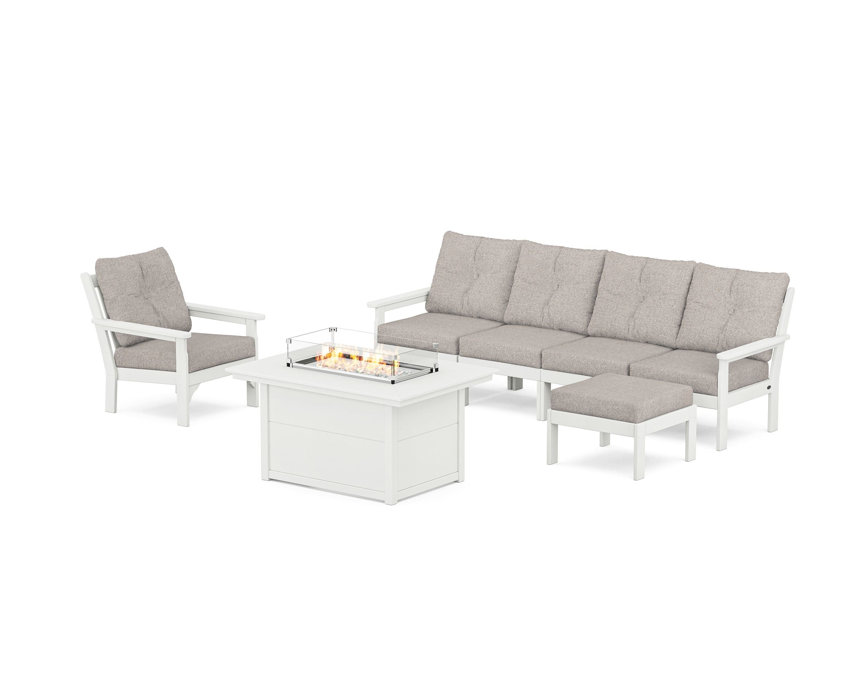 POLYWOOD Vineyard Sectional Lounge and Fire Pit Set in Vintage White / Weathered Tweed