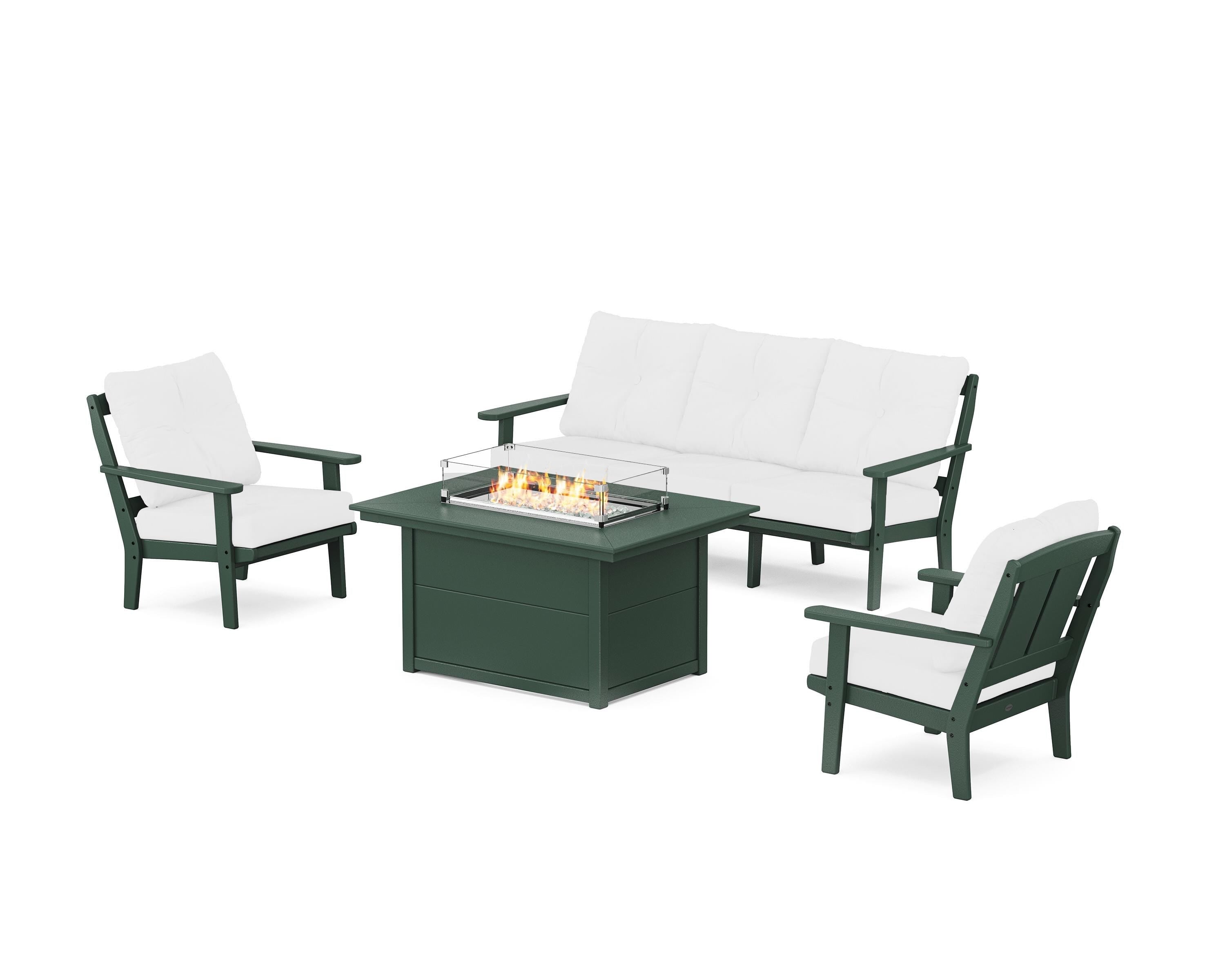 POLYWOOD Mission Deep Seating Fire Pit Table Set in Green / Natural