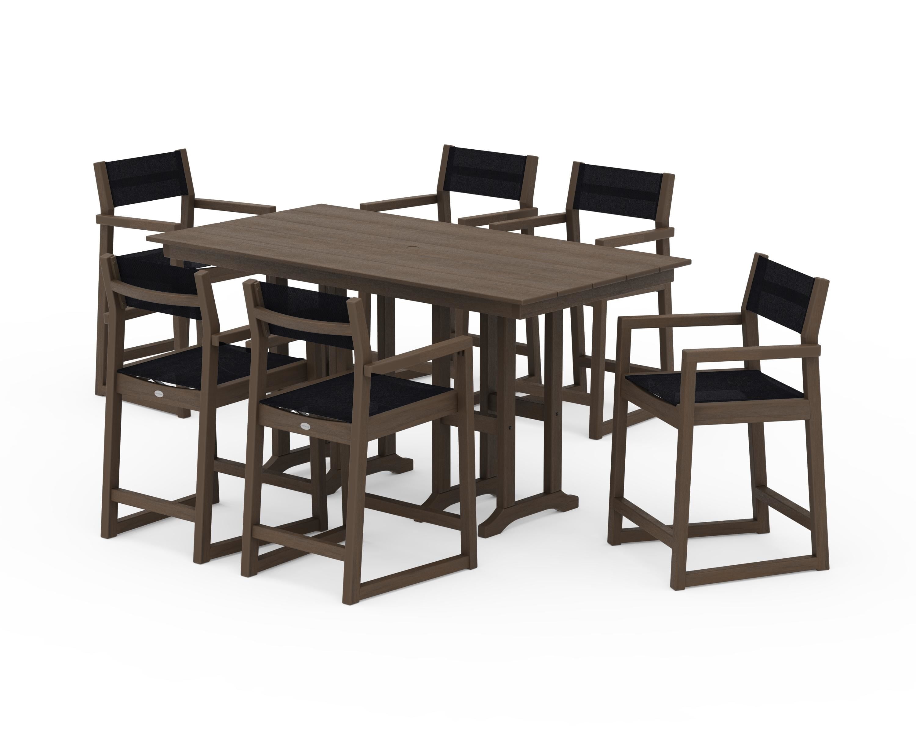 POLYWOOD EDGE Sling Arm Chair 7-Piece Farmhouse Counter Set in Kona / Black Sling