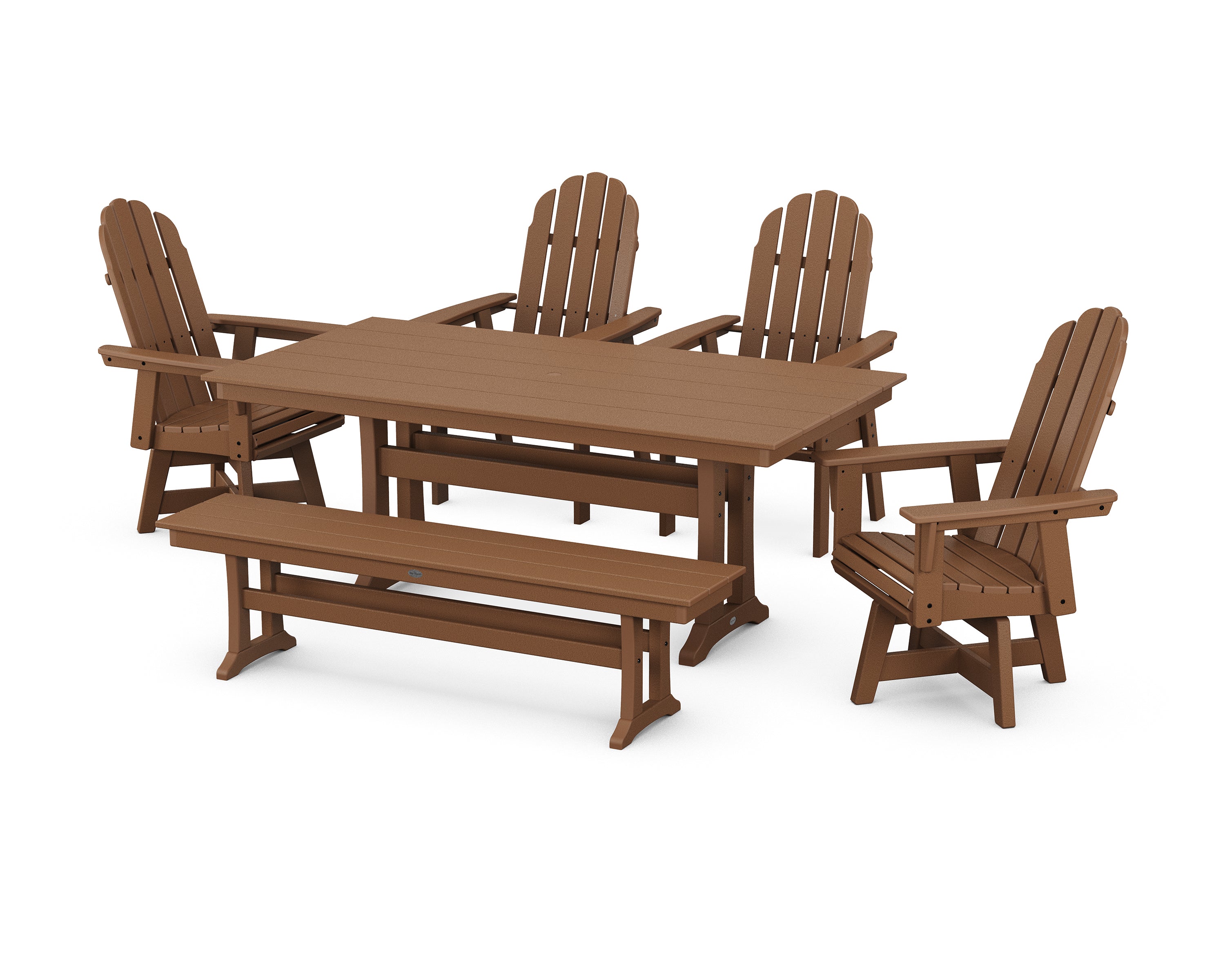 POLYWOOD® Vineyard Curveback Adirondack 6-Piece Swivel Chair Farmhouse Dining Set with Trestle Legs and Bench in Teak