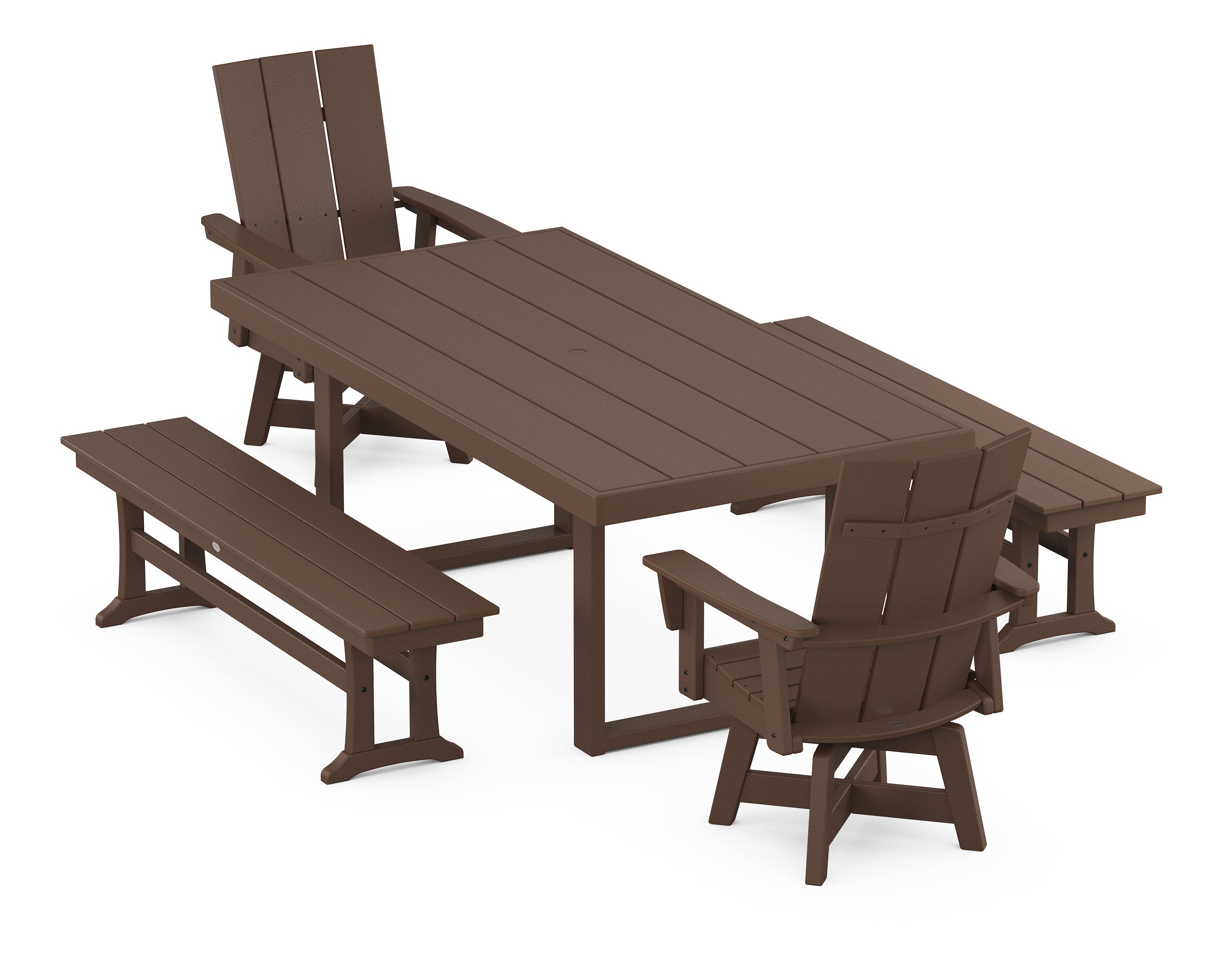 POLYWOOD Modern Adirondack Swivel Chair 5-Piece Dining Set with Benches in Mahogany