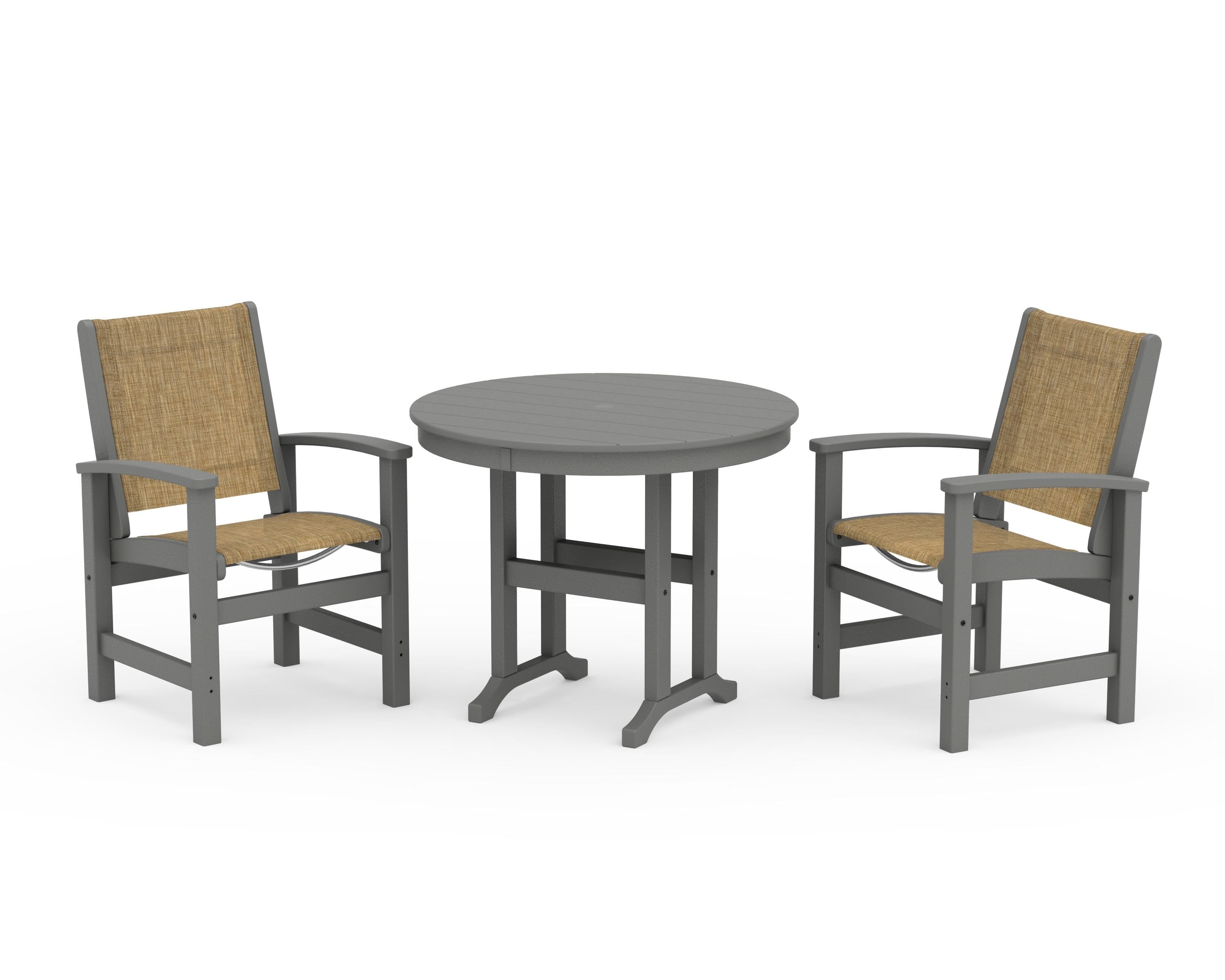 POLYWOOD Coastal 3-Piece Round Dining Set in Slate Grey / Burlap Sling