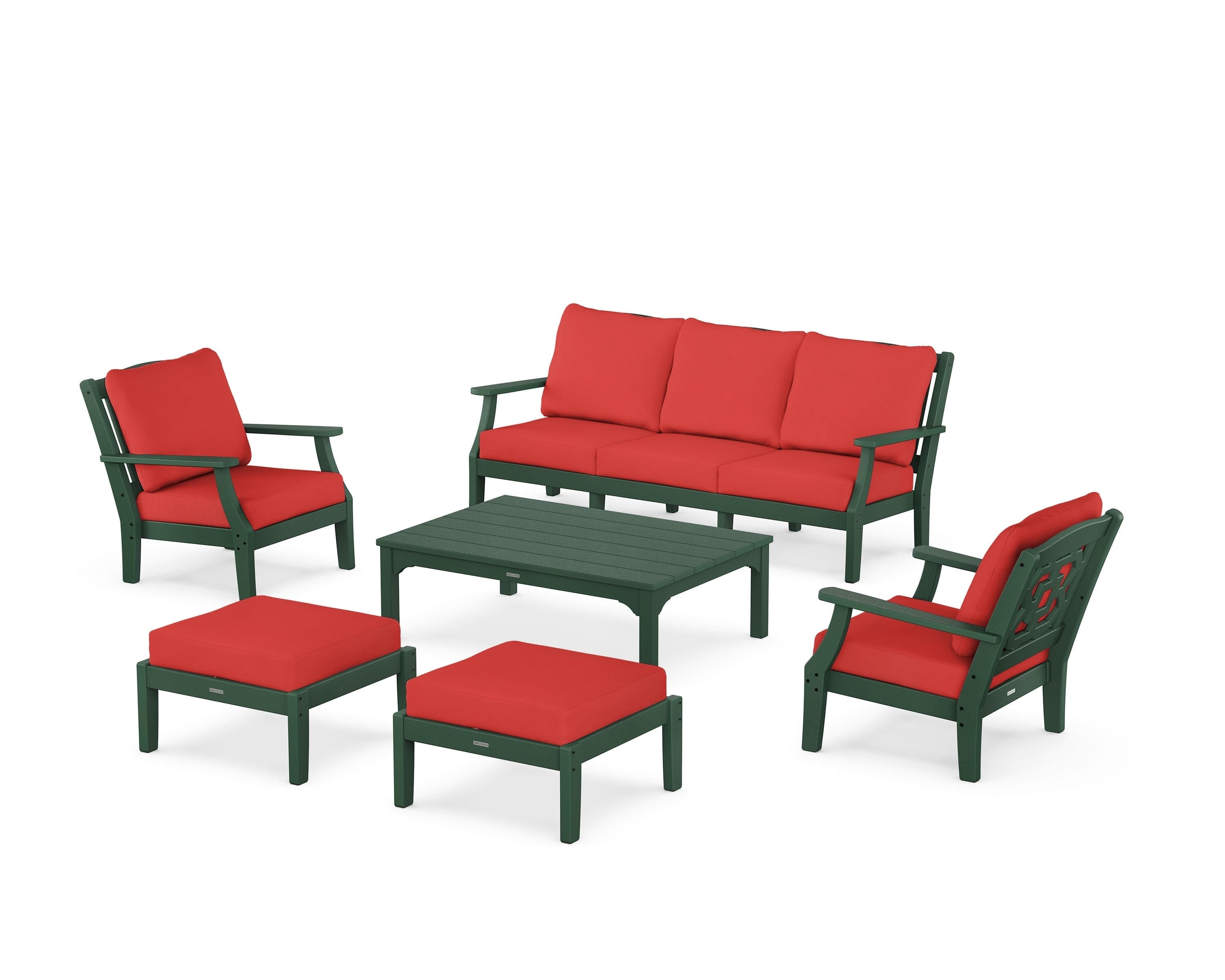 Martha Stewart by POLYWOOD Chinoiserie 6-Piece Lounge Sofa Set in Green / Crimson Linen