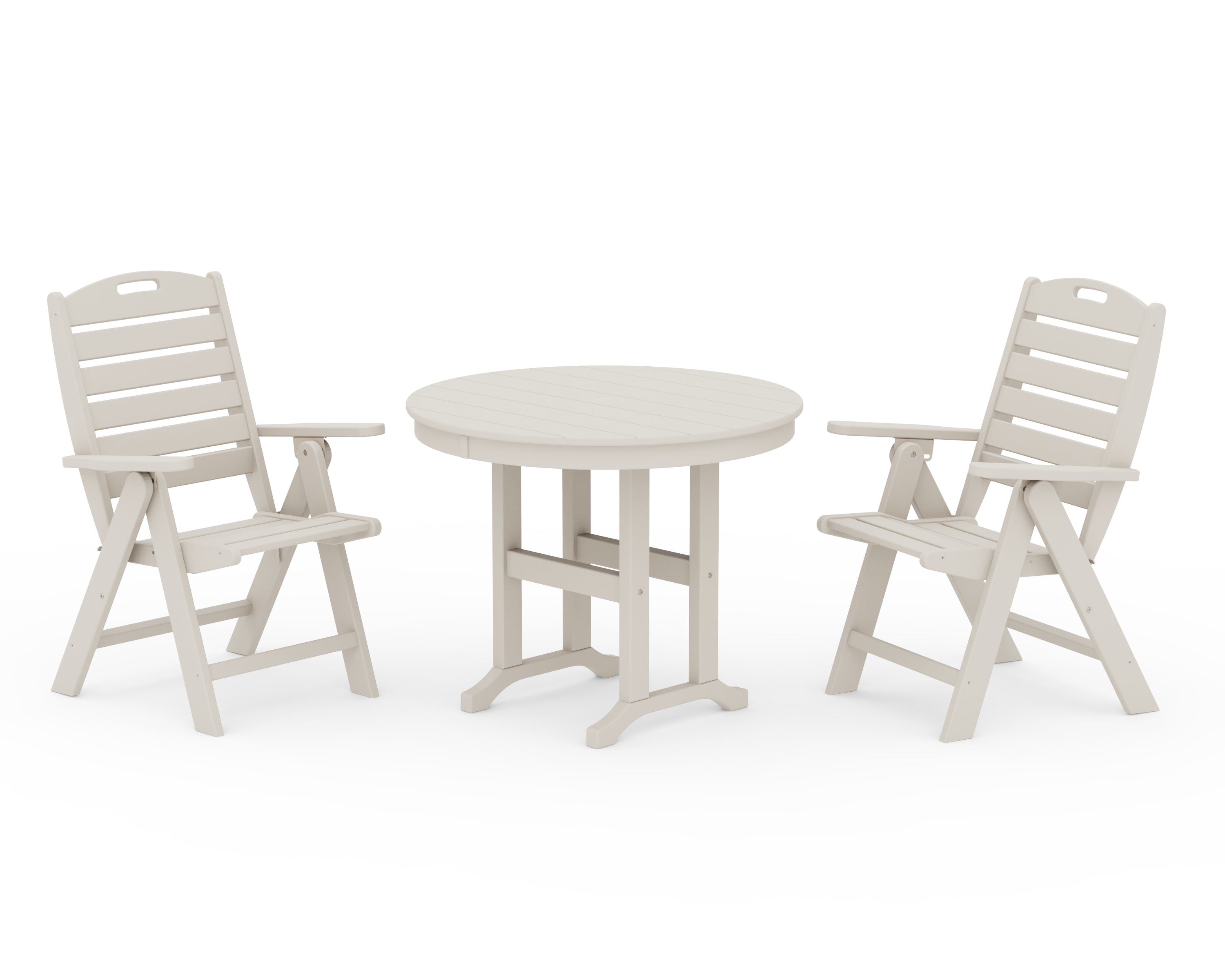 POLYWOOD Nautical Folding Highback Chair 3-Piece Round Dining Set in Sand