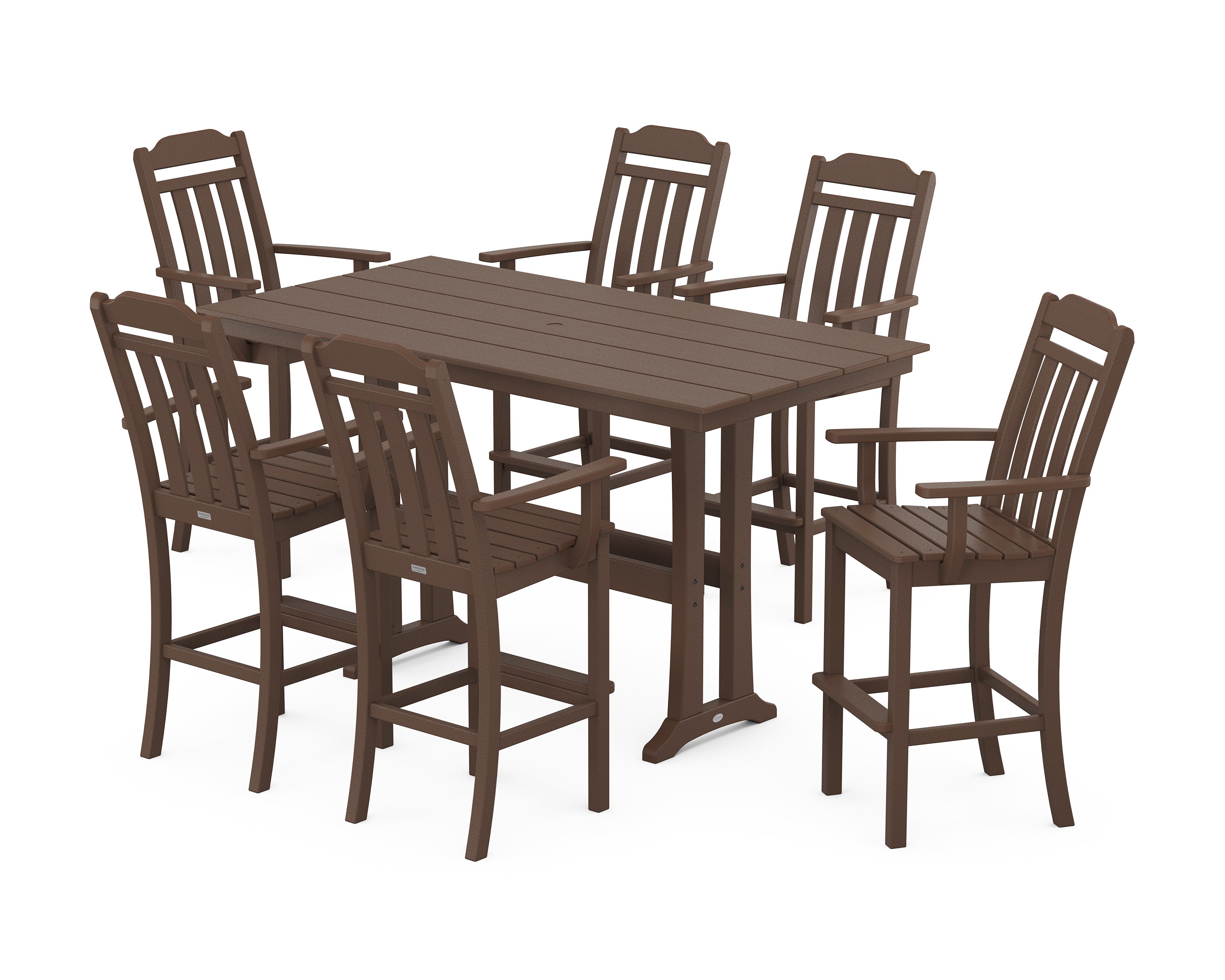 POLYWOOD Country Living Arm Chair 7-Piece Farmhouse Bar Set with Trestle Legs in Mahogany