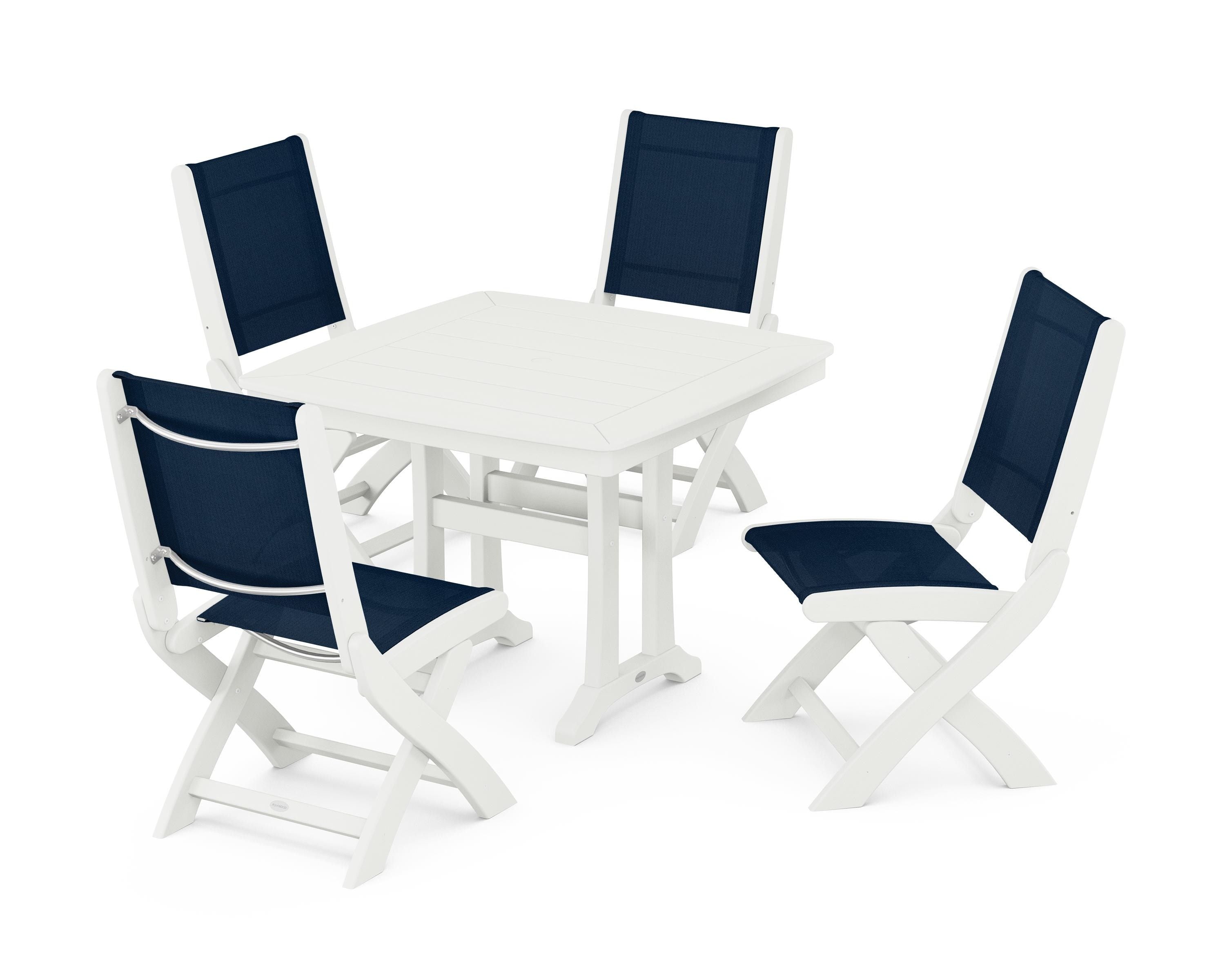POLYWOOD Coastal Folding Side Chair 5-Piece Dining Set with Trestle Legs in Vintage White / Navy Blue Sling