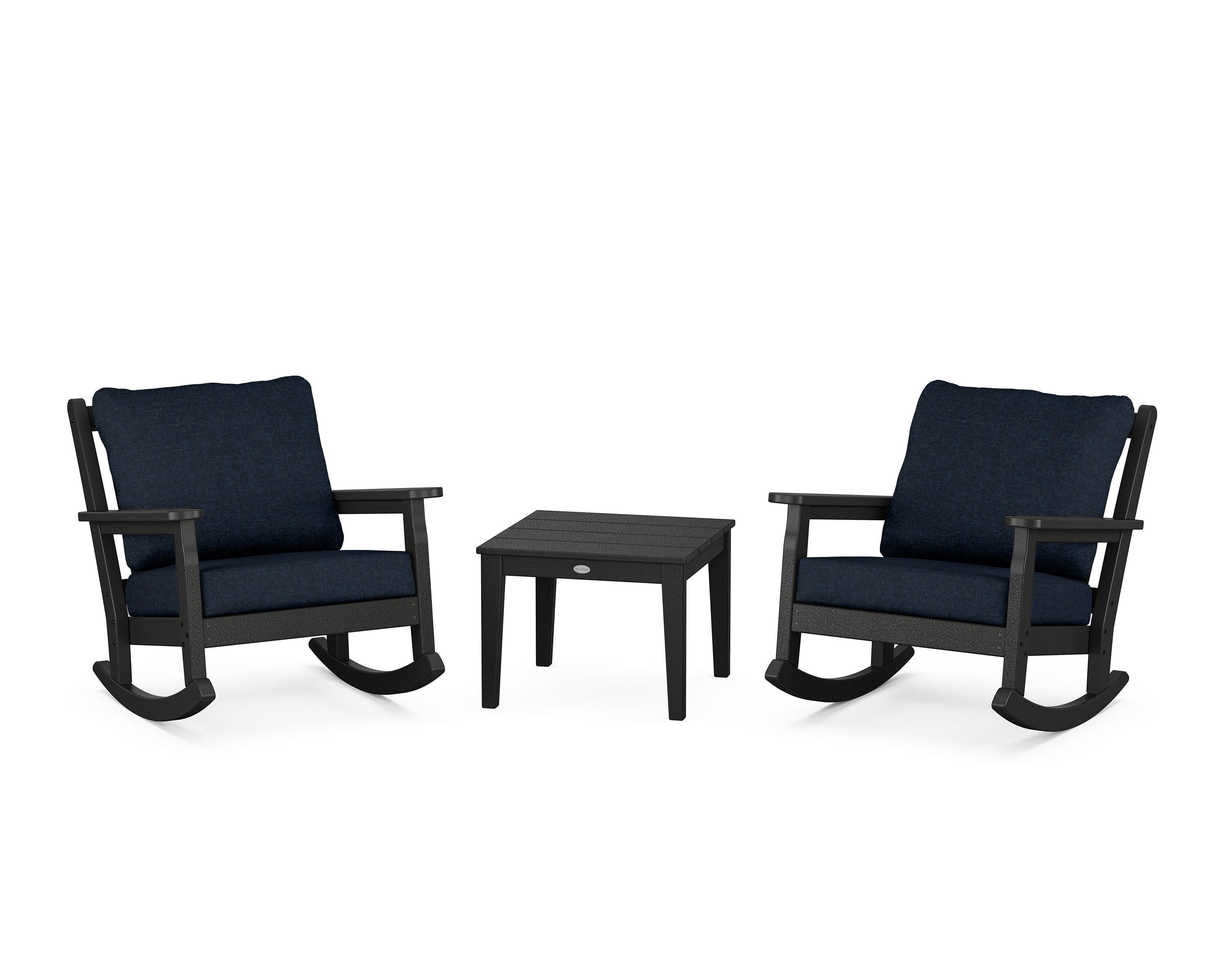 POLYWOOD Chippendale 3-Piece Deep Seating Rocker Set in Black / Marine Indigo