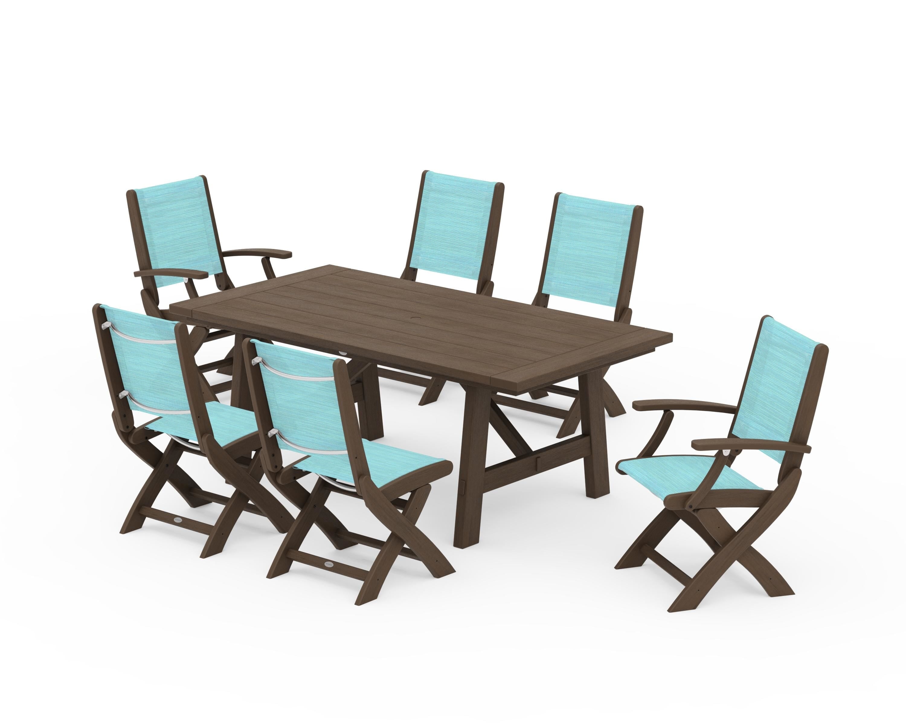 POLYWOOD Coastal Folding Chair 7-Piece Rustic Farmhouse Dining Set in Kona / Dupioni Aquamarine Sling