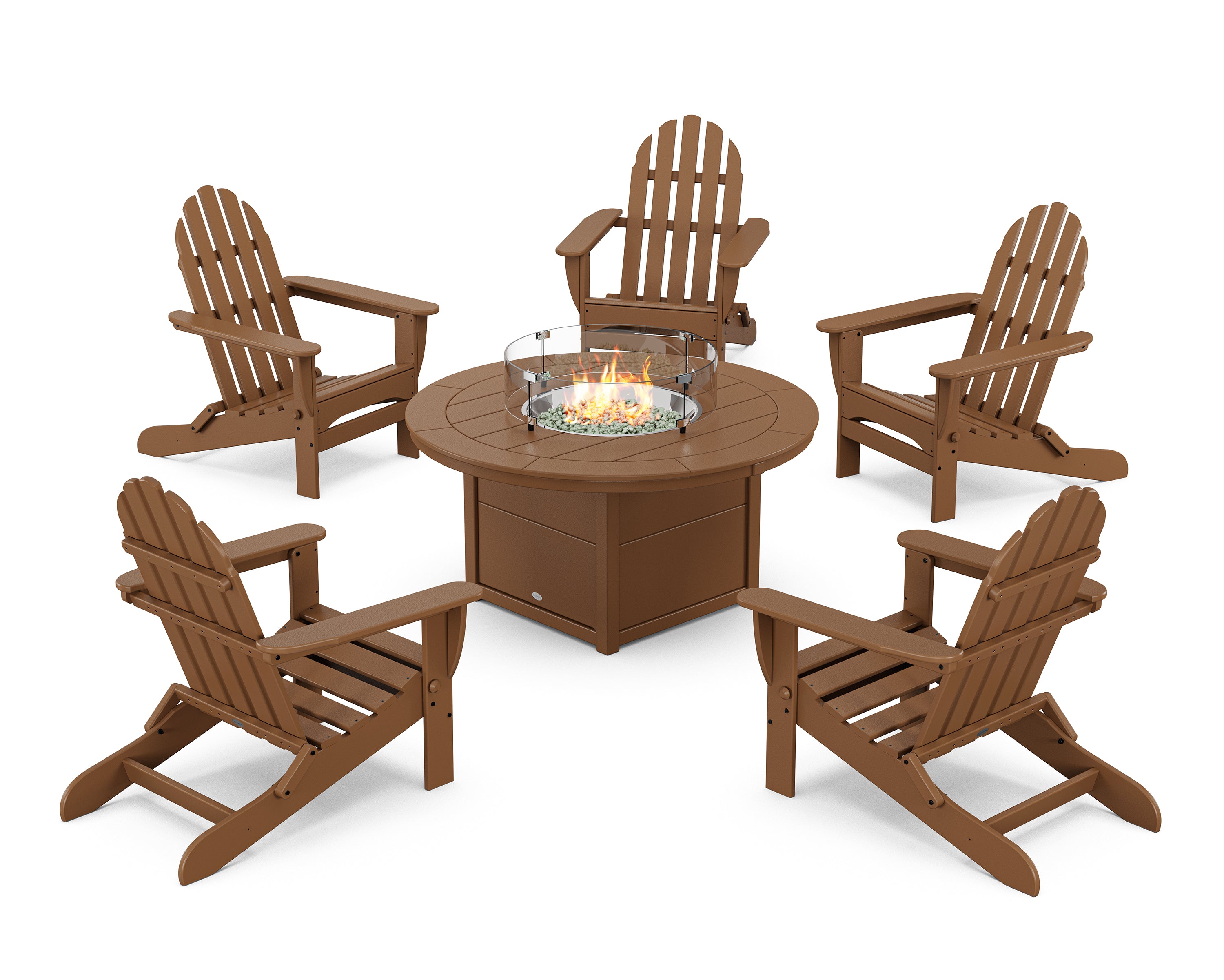 POLYWOOD Classic Folding Adirondack 6-Piece Conversation Set with Fire Pit Table in Teak