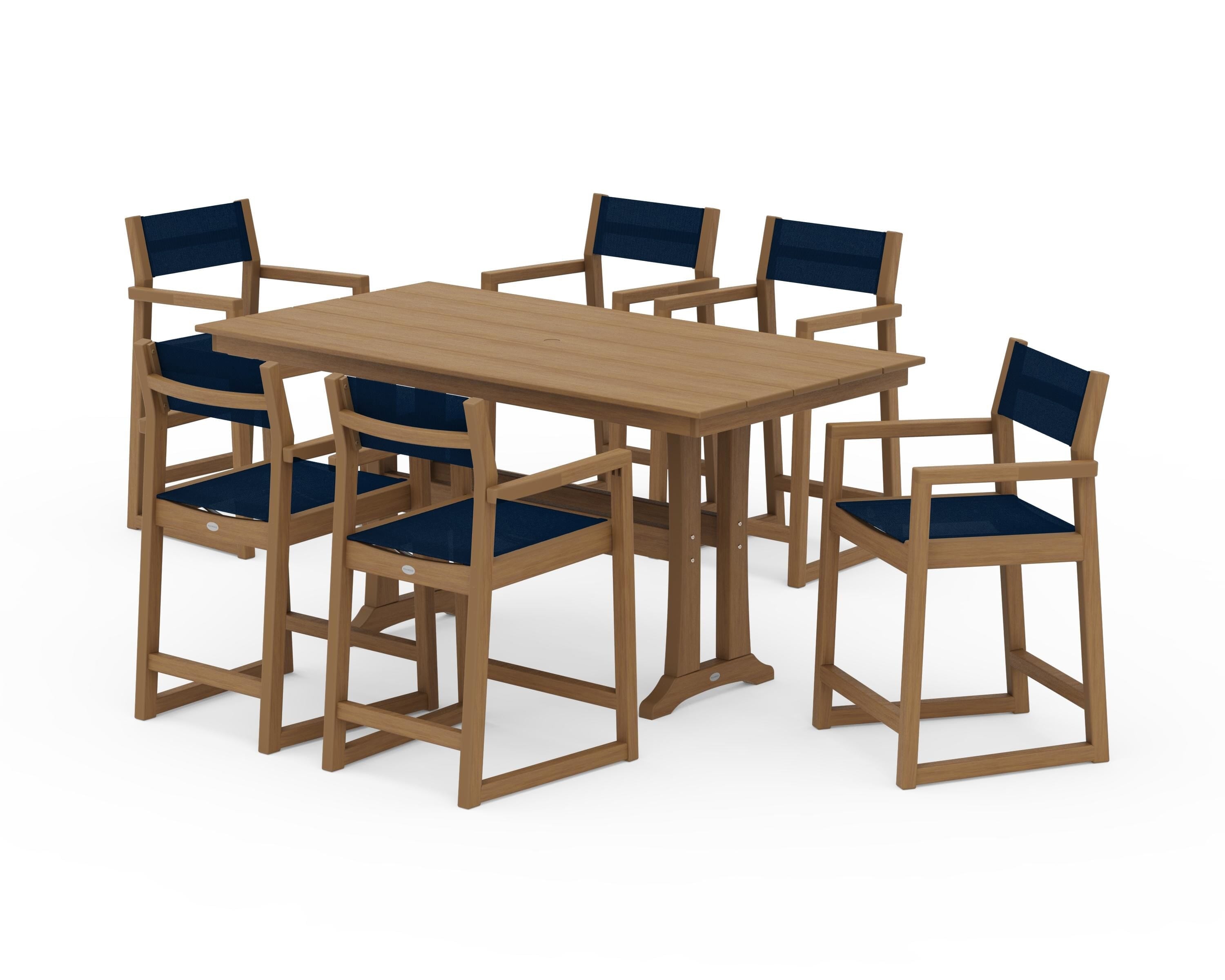 POLYWOOD EDGE Sling Arm Chair 7-Piece Farmhouse Counter Set with Trestle Legs in Natural / Navy Blue Sling