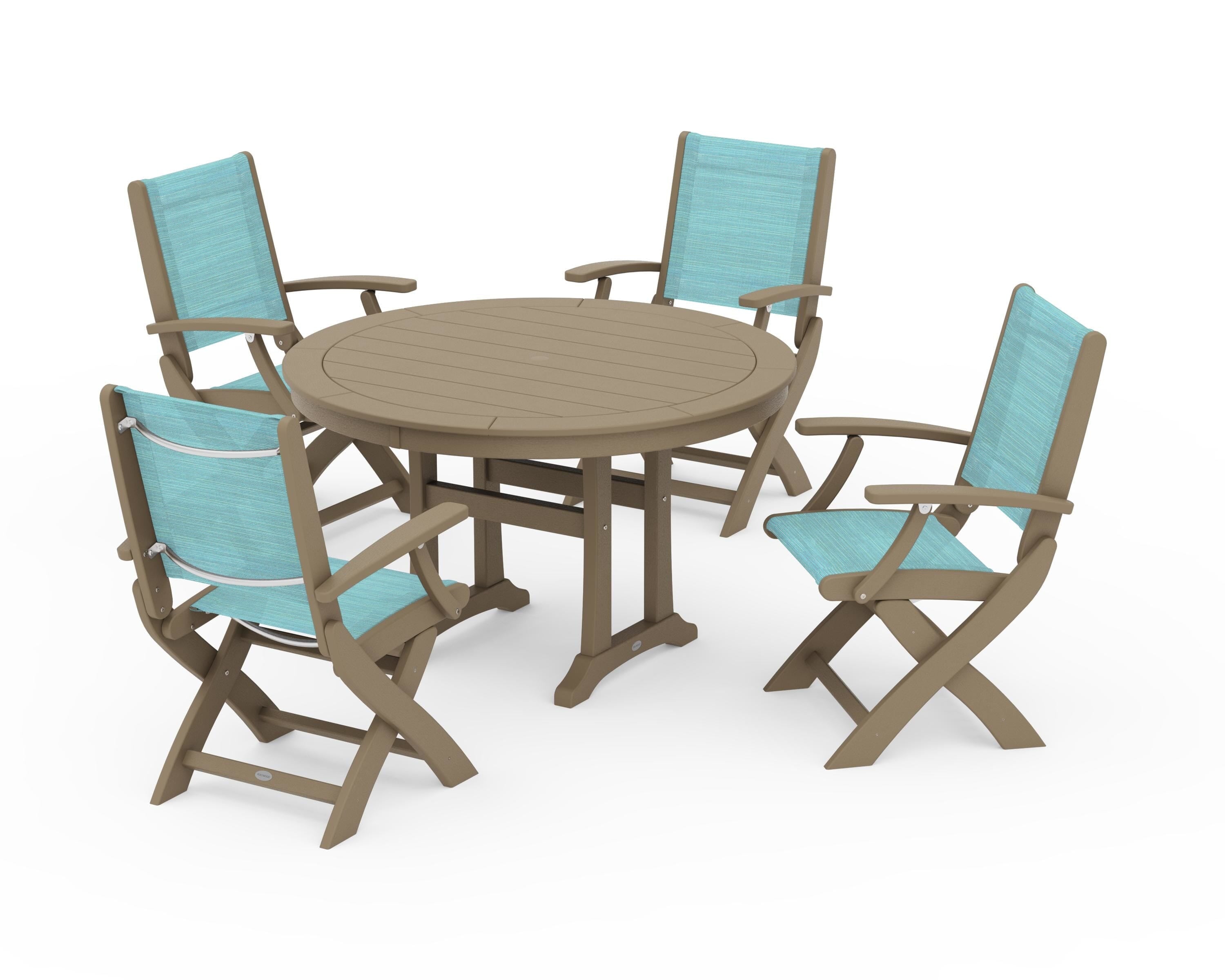 POLYWOOD Coastal Folding Chair 5-Piece Round Dining Set with Trestle Legs in Vintage Sahara / Dupioni Aquamarine Sling