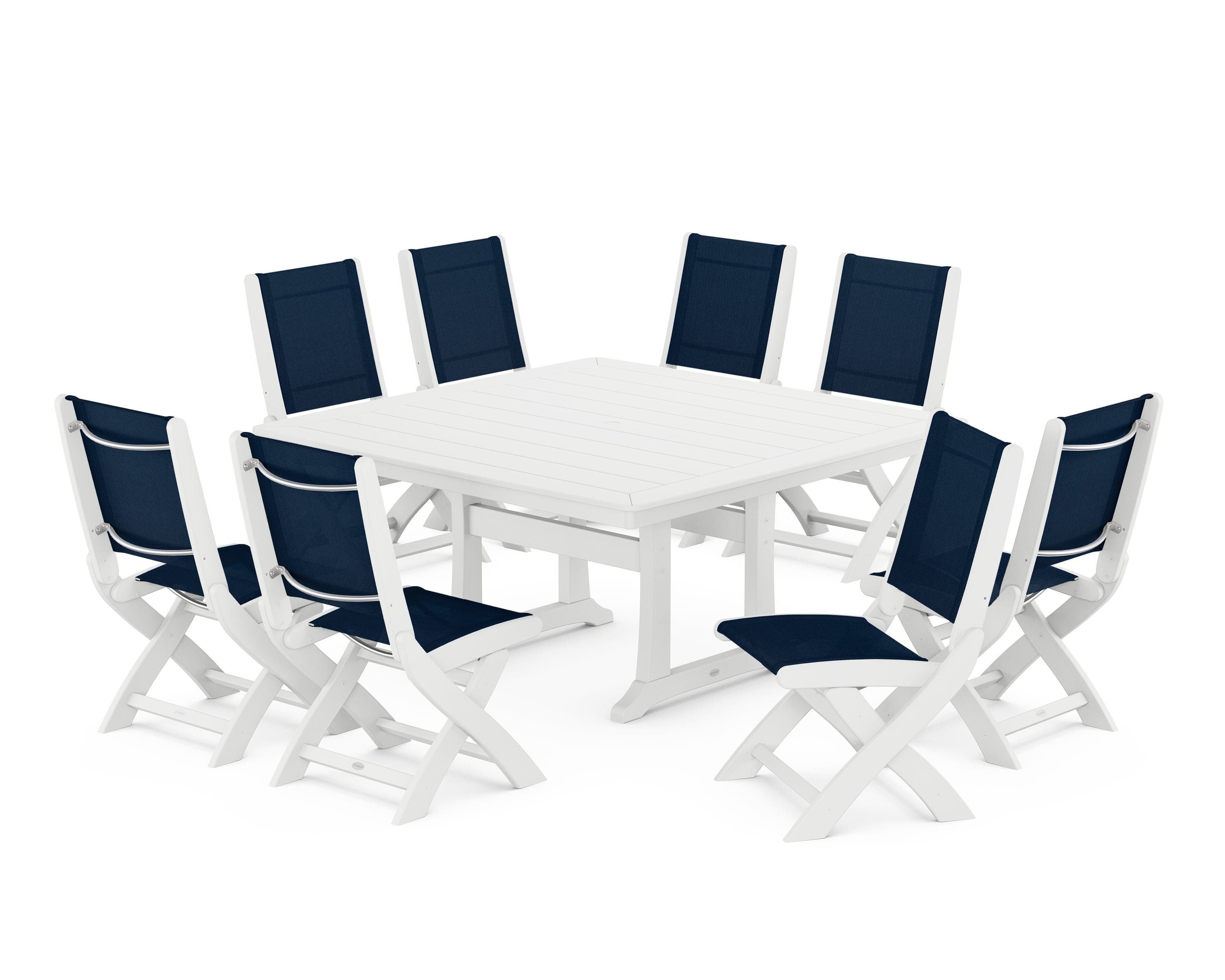 POLYWOOD Coastal Folding Side Chair 9-Piece Dining Set with Trestle Legs in White / Navy Blue Sling