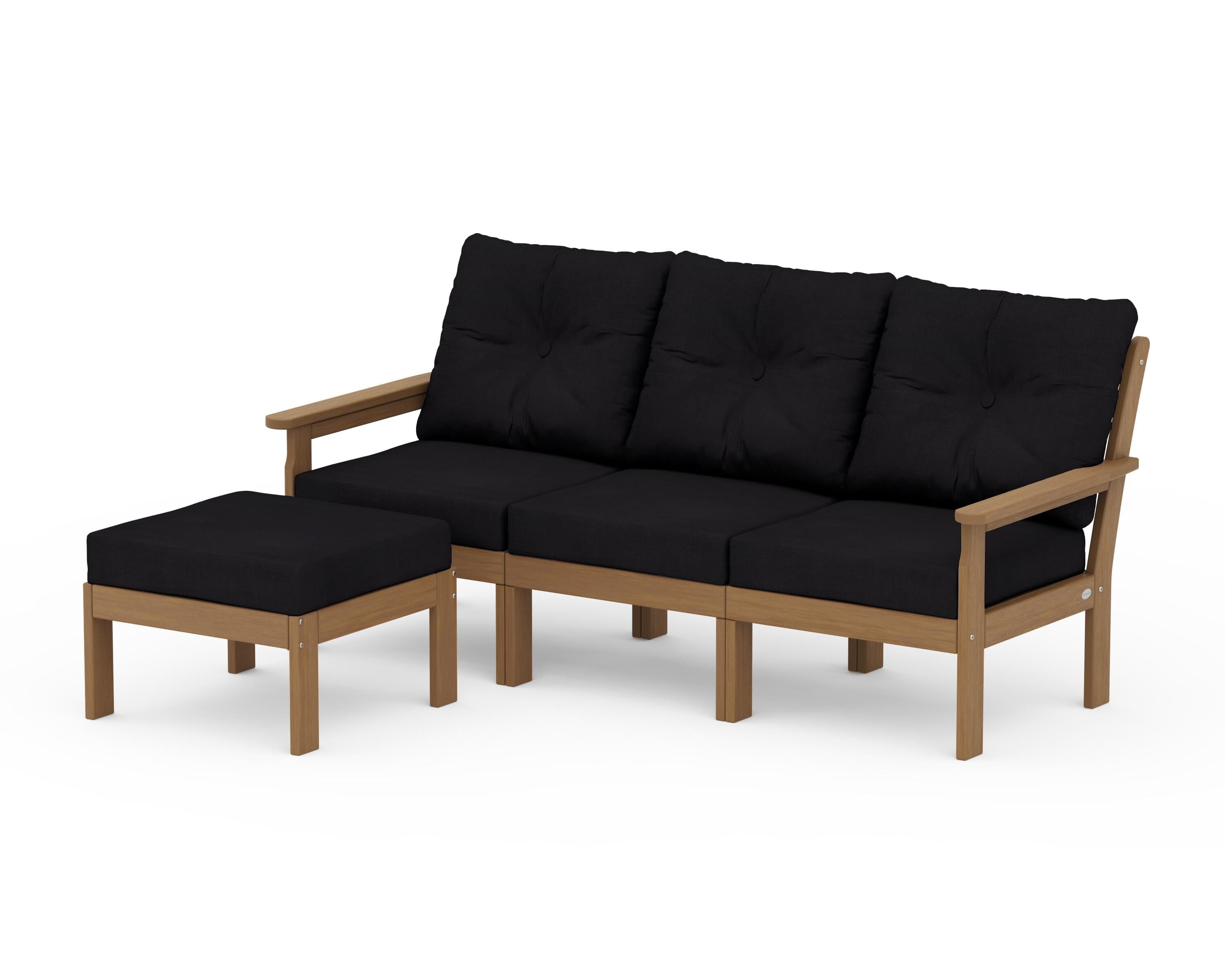 POLYWOOD Vineyard 4-Piece Sectional with Ottoman in Natural / Midnight Linen