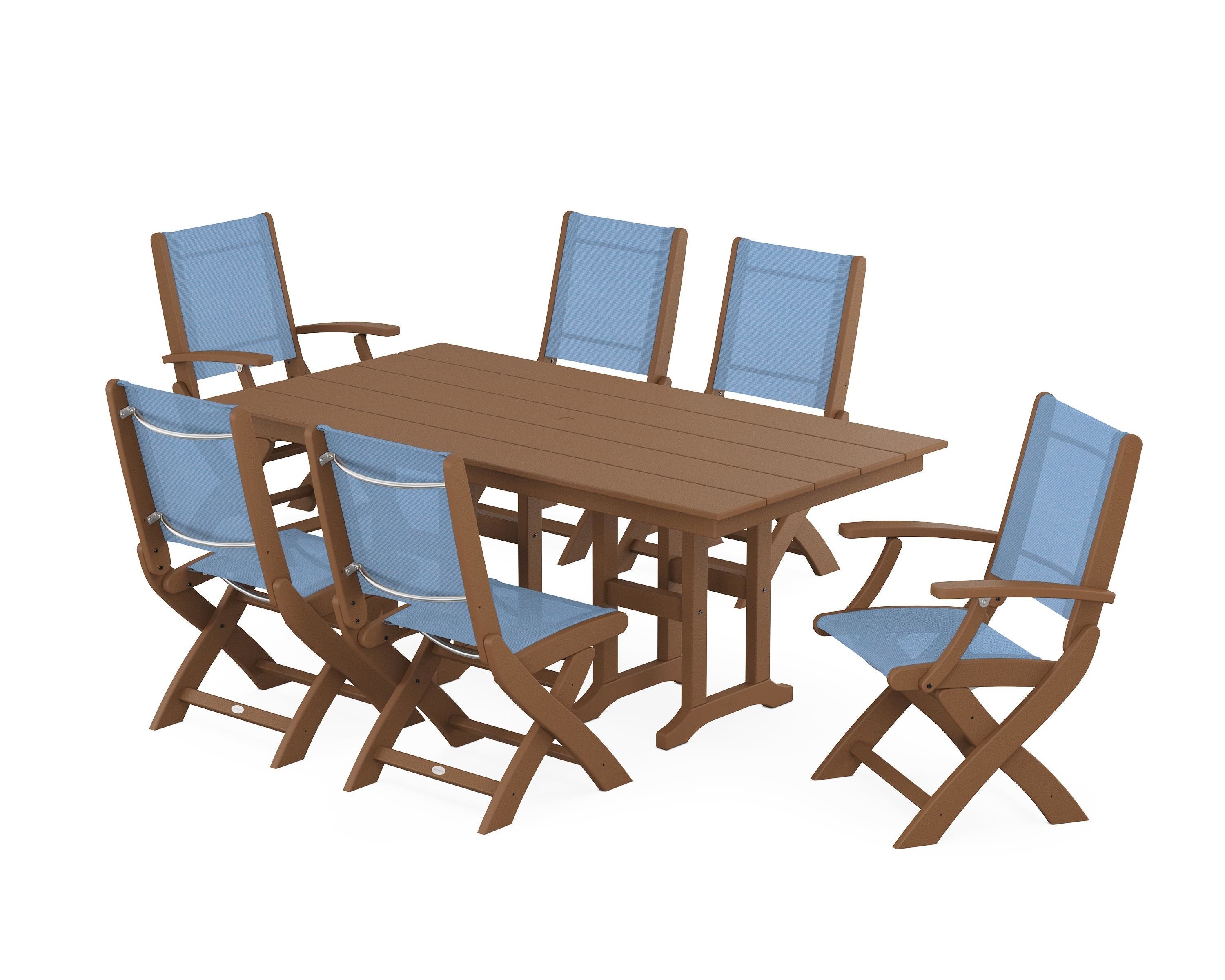 POLYWOOD Coastal Folding Chair 7-Piece Farmhouse Dining Set in Teak / Poolside Sling