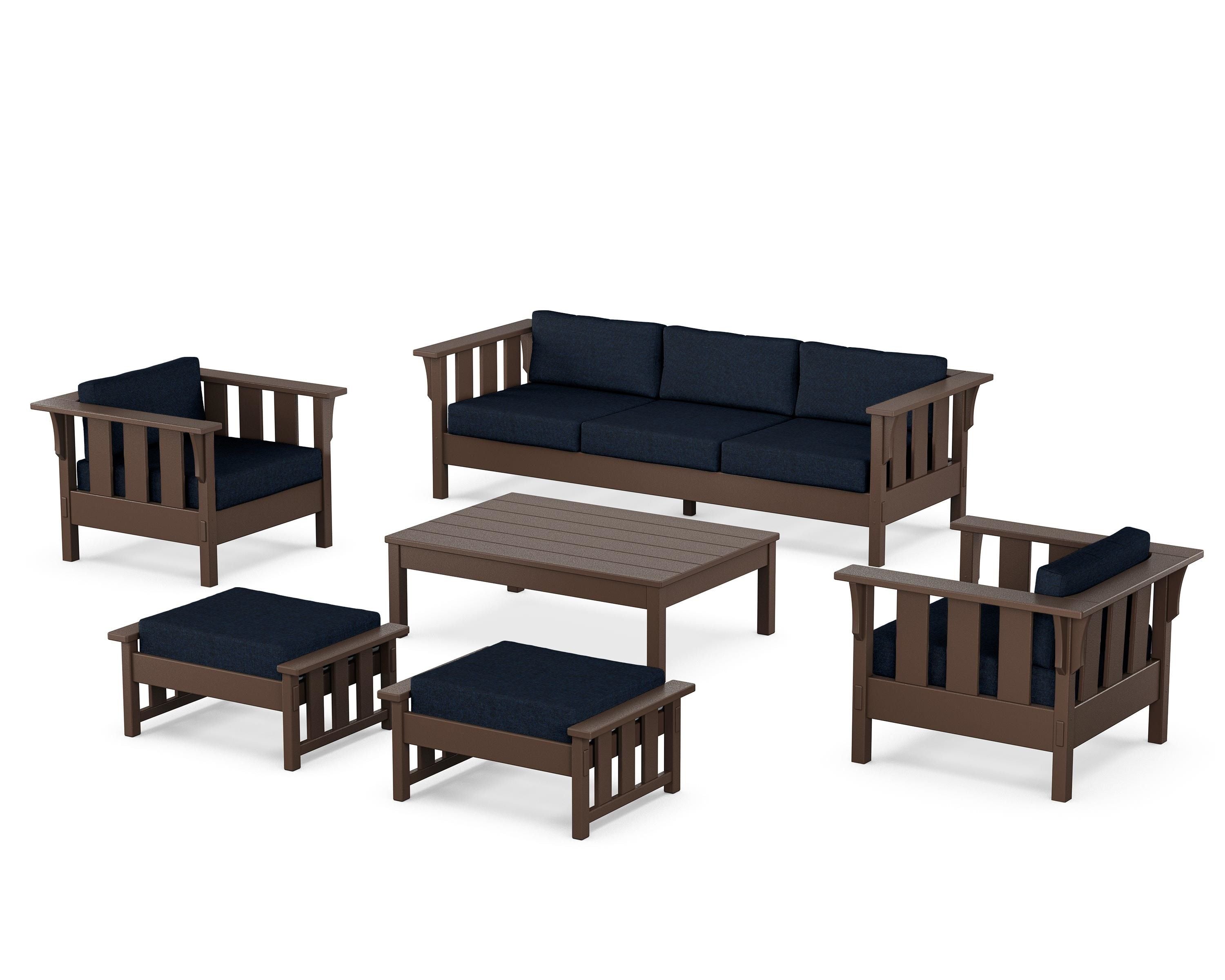 Martha Stewart by POLYWOOD Acadia 6-Piece Lounge Sofa Set in Mahogany / Marine Indigo