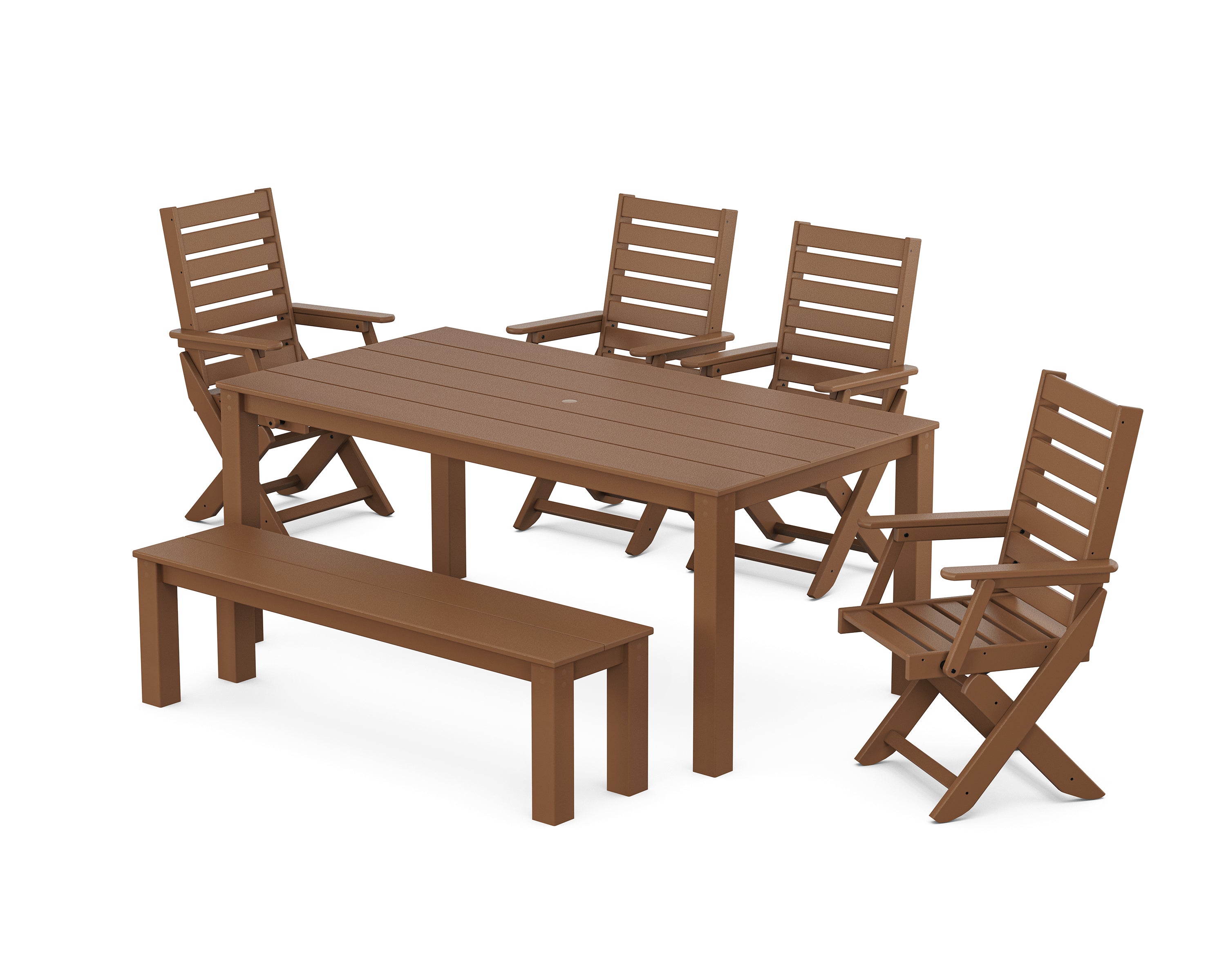 POLYWOOD Captain Folding Chair 6-Piece Parsons Dining Set with Bench in Teak