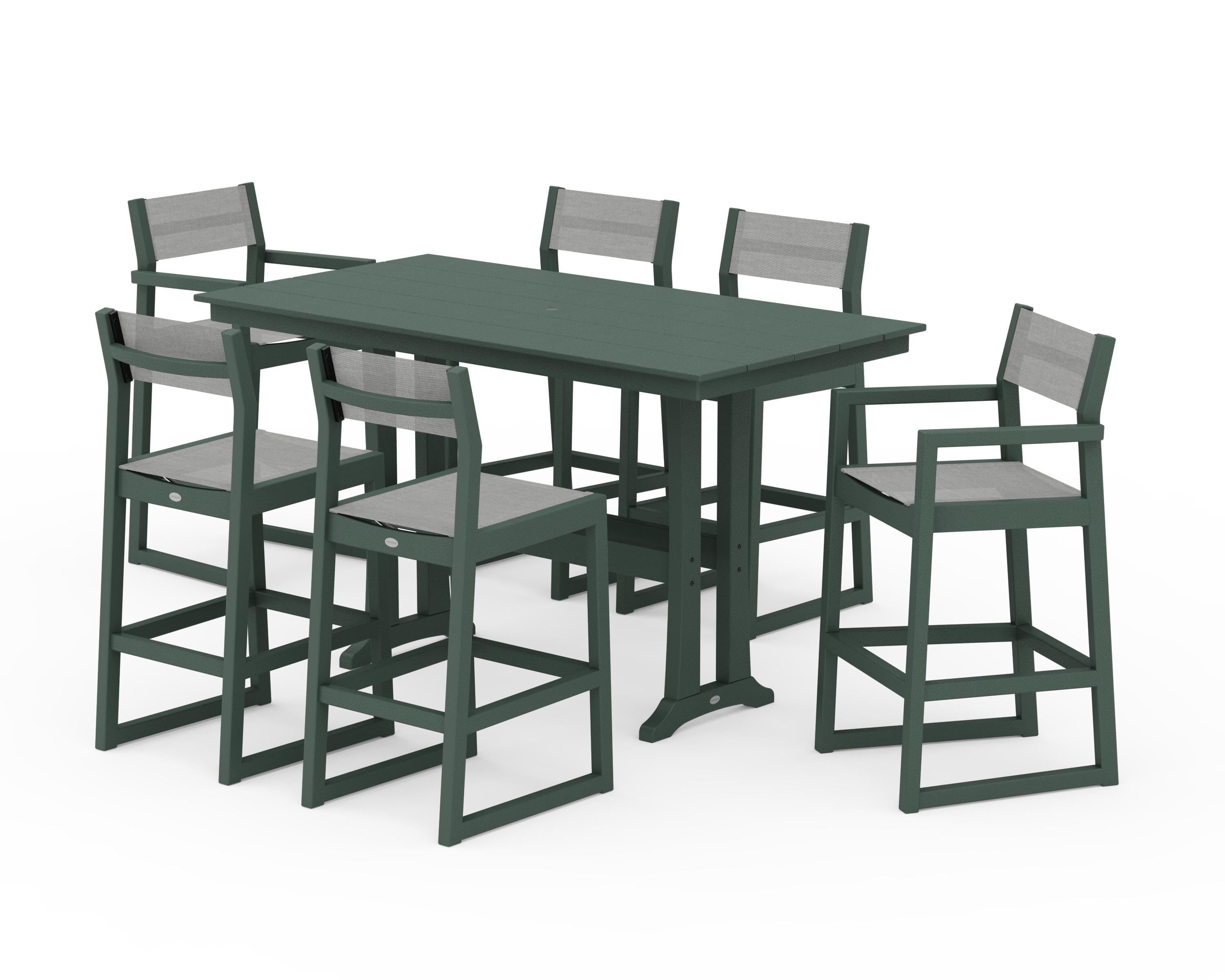 POLYWOOD EDGE Sling 7-Piece Farmhouse Bar Set with Trestle Legs in Green / Metallic Sling