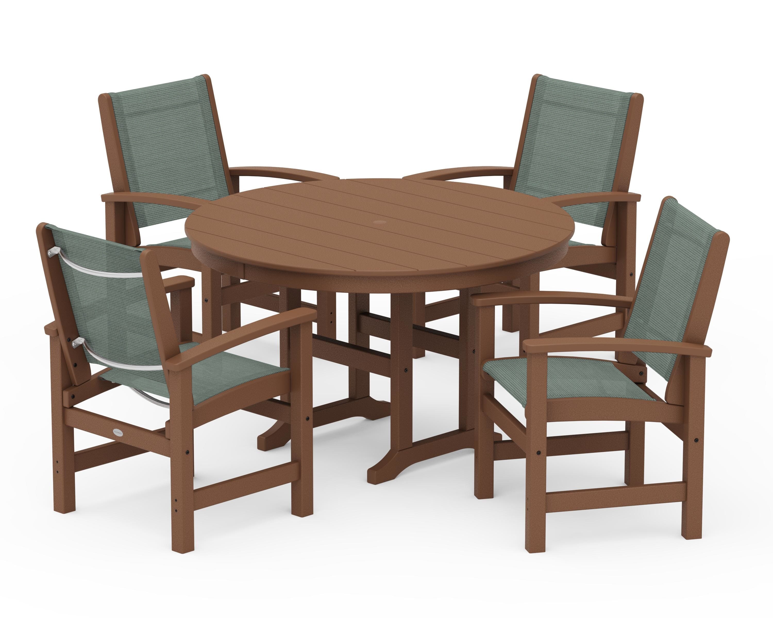 POLYWOOD Coastal 5-Piece Round Farmhouse Dining Set in Teak / Dupioni Sea Mist Sling