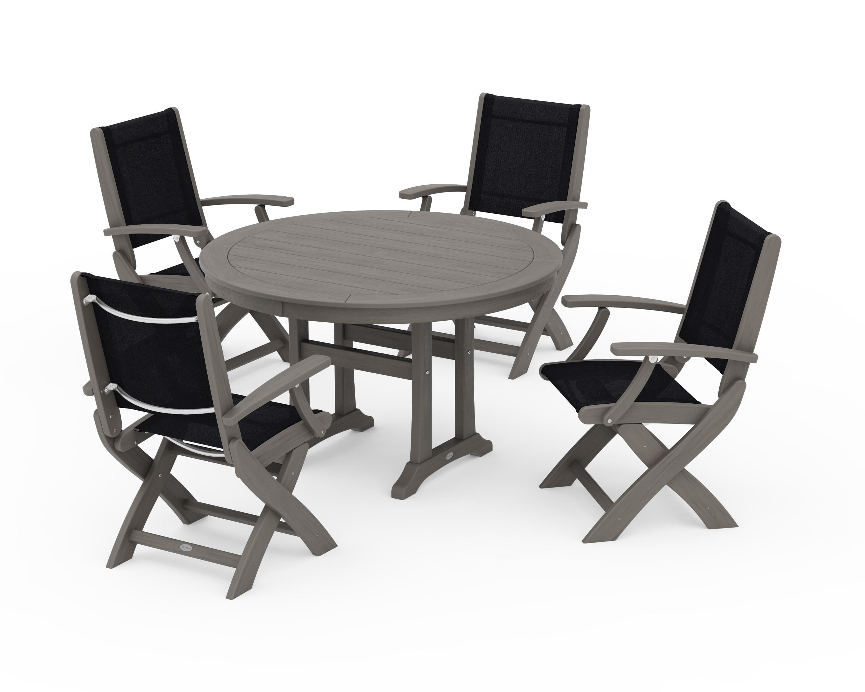 POLYWOOD Coastal Folding Chair 5-Piece Round Dining Set with Trestle Legs in Driftwood / Black Sling