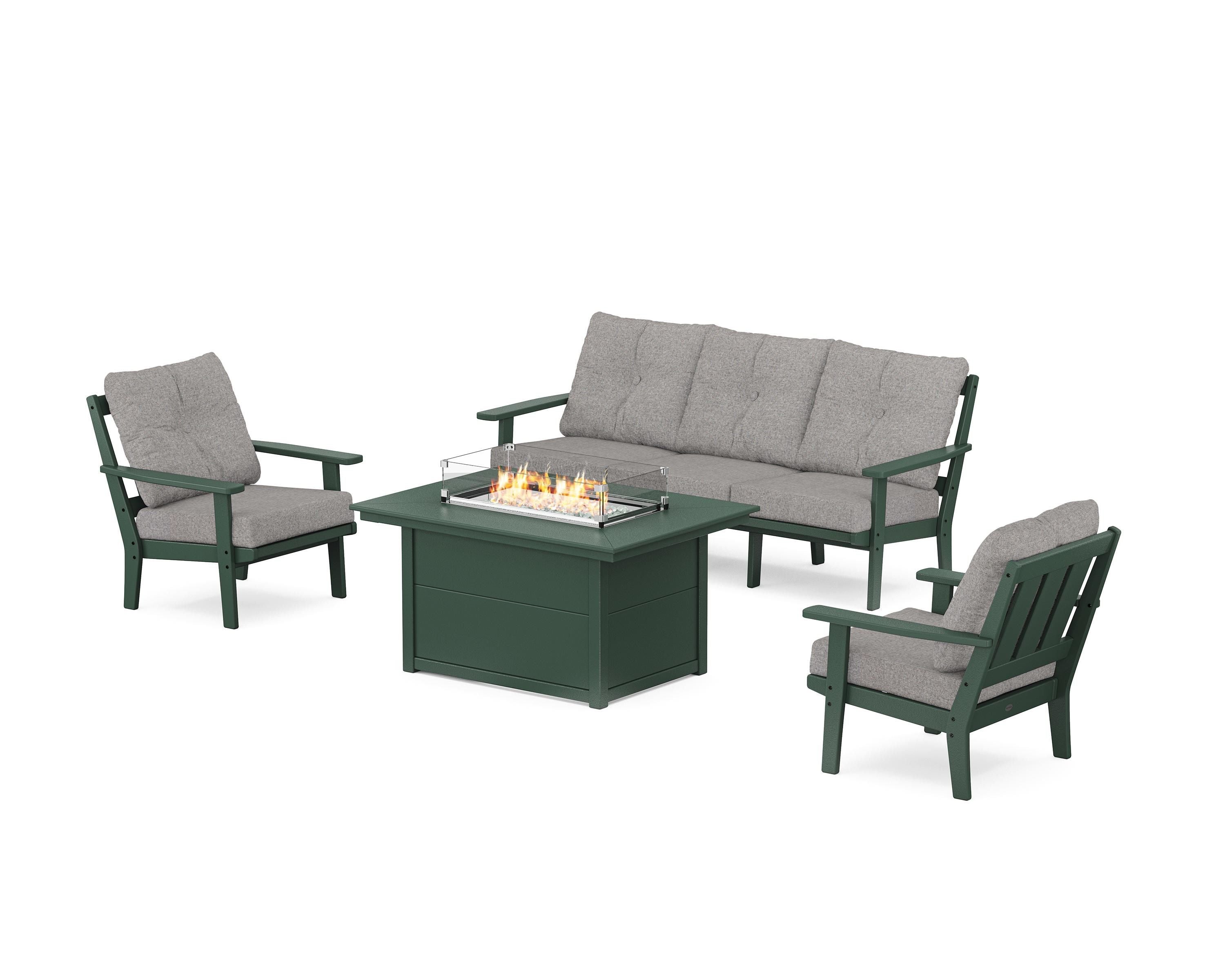 POLYWOOD Oxford Deep Seating Fire Pit Table Set in Green / Grey Mist
