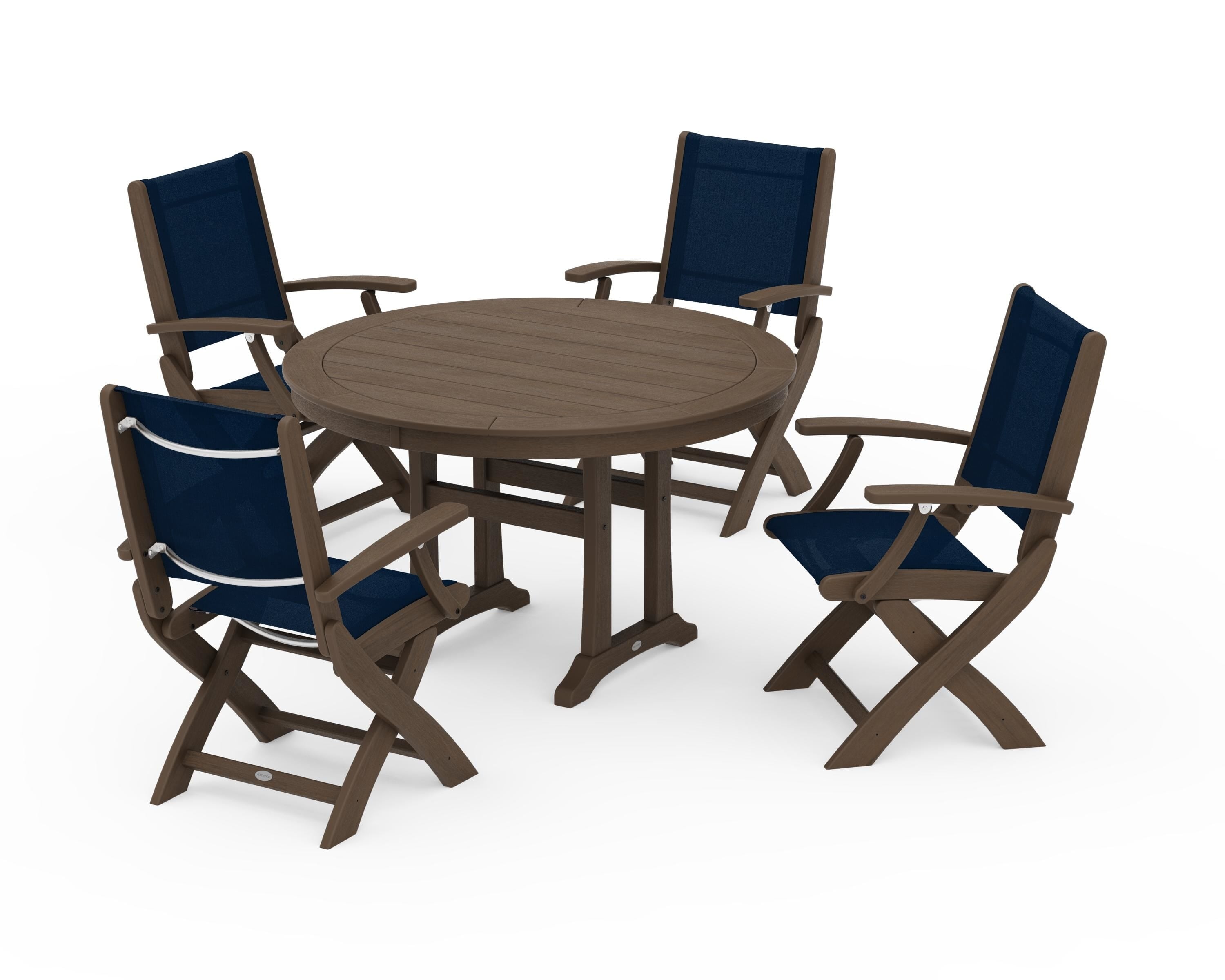 POLYWOOD Coastal Folding Chair 5-Piece Round Dining Set with Trestle Legs in Kona / Navy Blue Sling