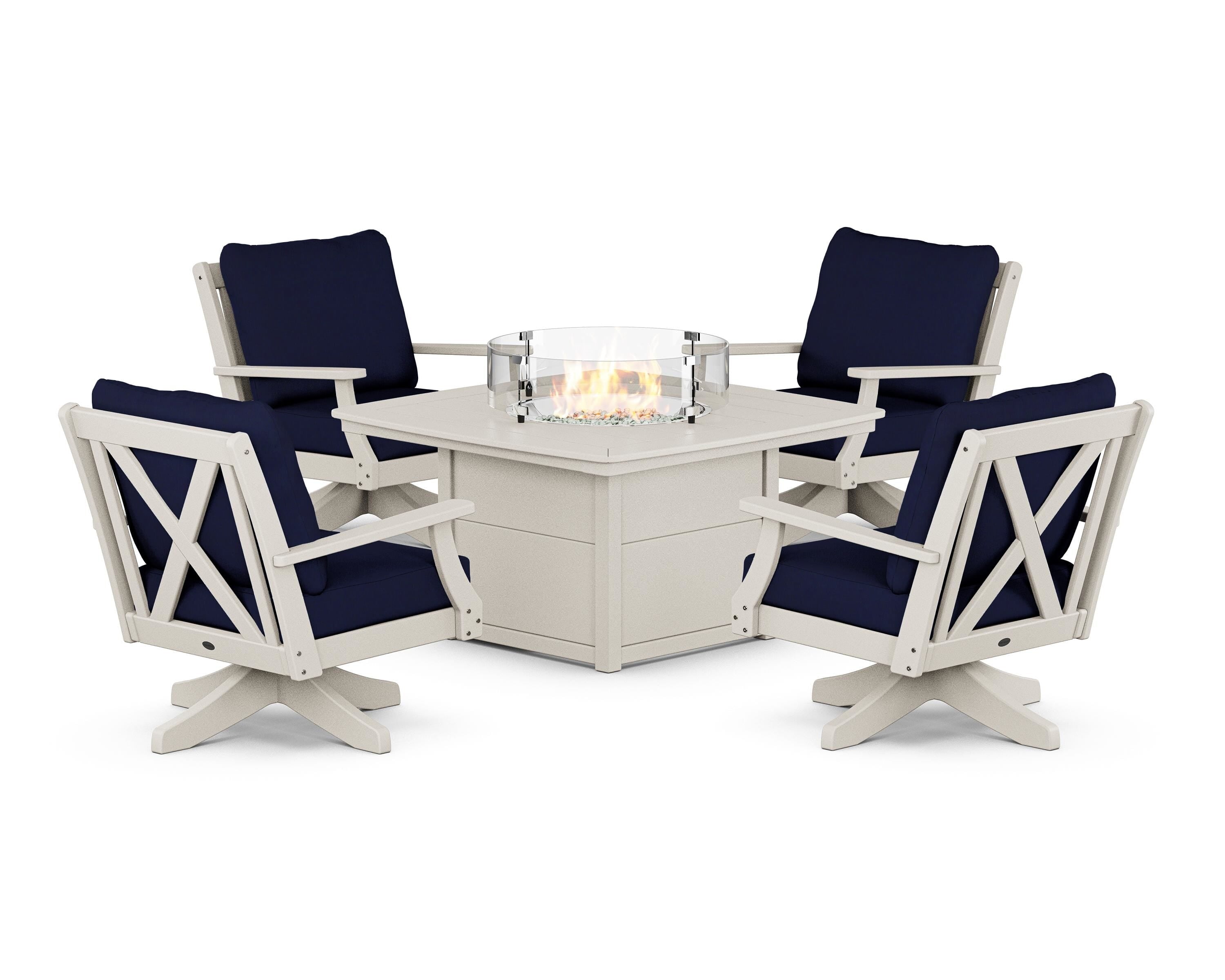 POLYWOOD Braxton 5-Piece Deep Seating Swivel Conversation Set with Fire Pit Table in Sand / Navy