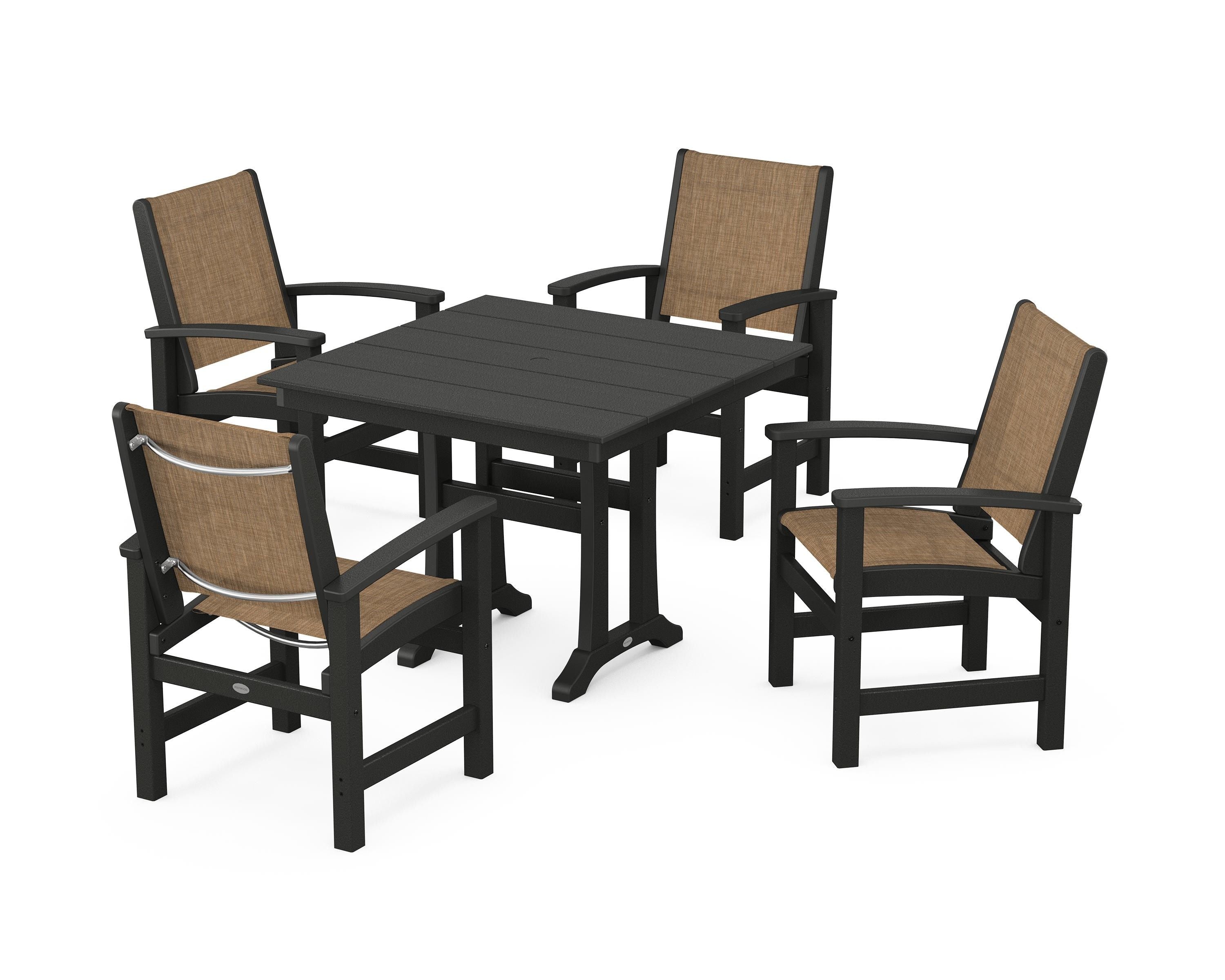 POLYWOOD Coastal 5-Piece Farmhouse Dining Set With Trestle Legs in Black / Burlap Sling
