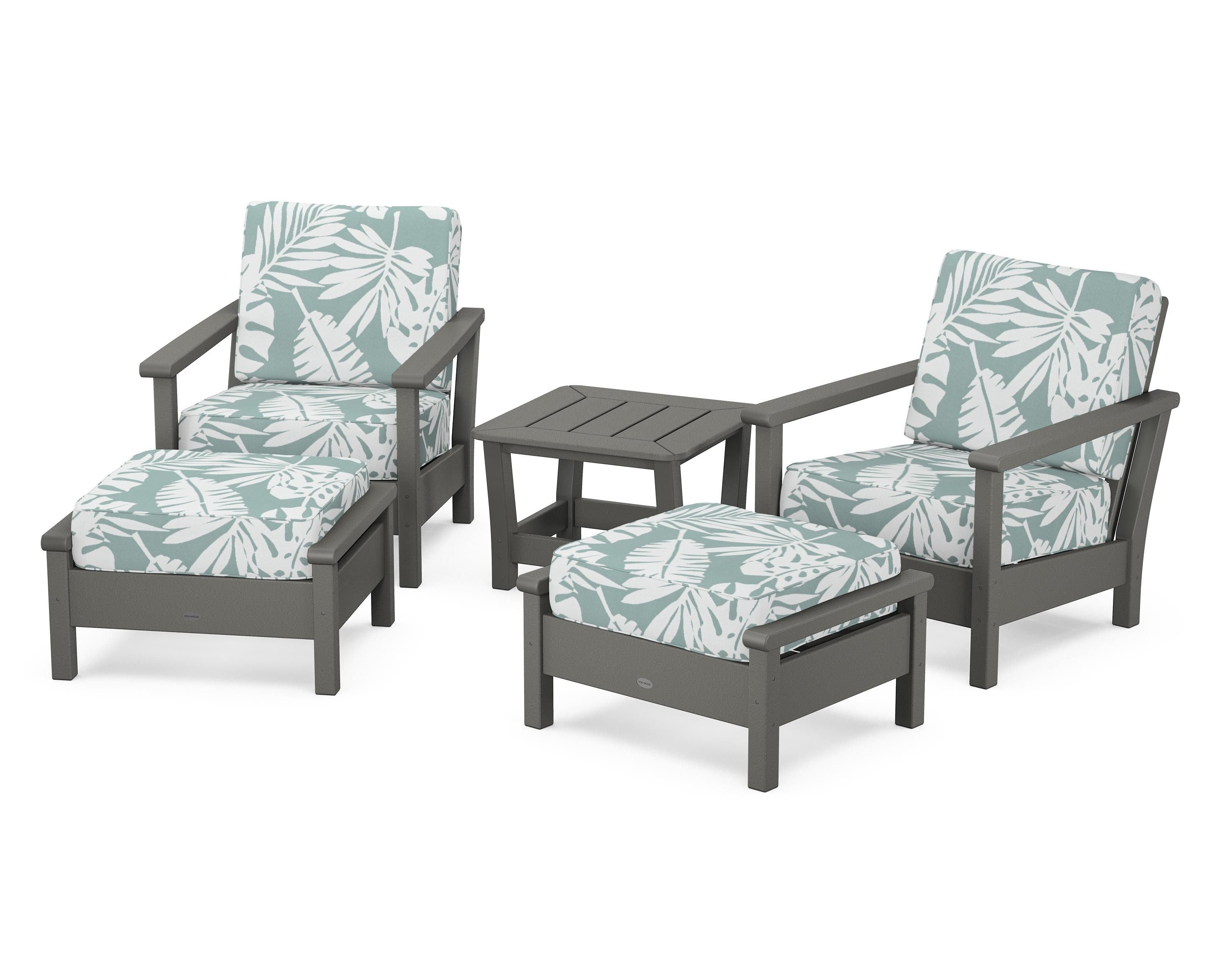 POLYWOOD Harbour 5-Piece Deep Seating Chair Set in Slate Grey / Leaf Glacier Spa