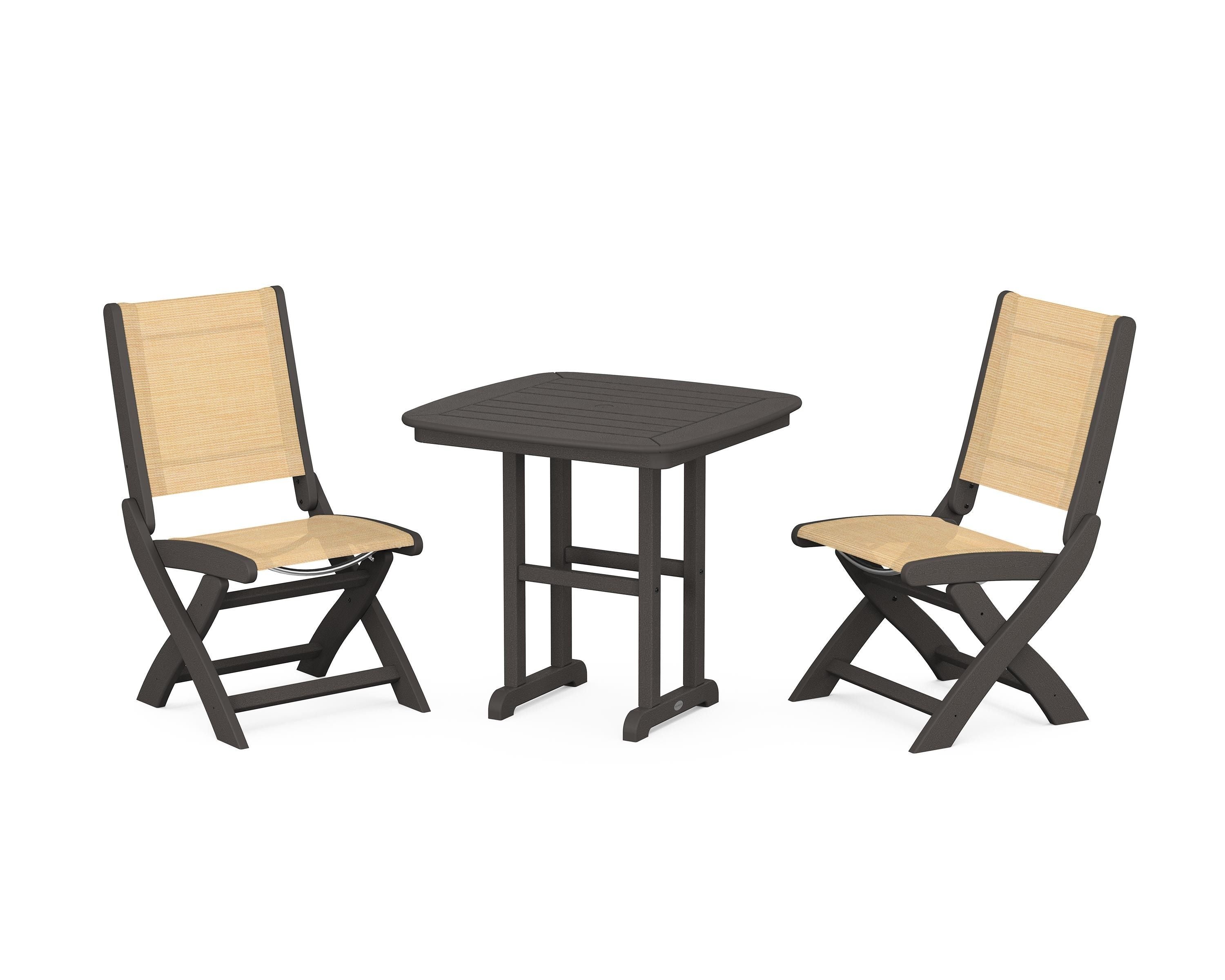 POLYWOOD Coastal Folding Side Chair 3-Piece Dining Set in Vintage Coffee / Dupioni Apricot Sling