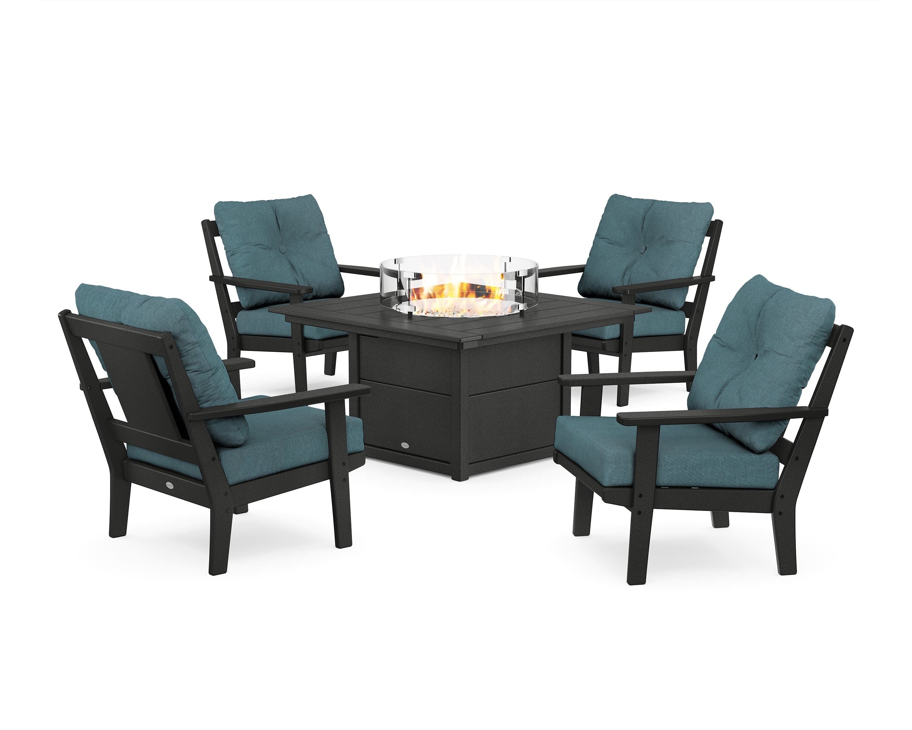 POLYWOOD Prairie 5-Piece Deep Seating Set with Fire Pit Table in Black / Ocean Teal